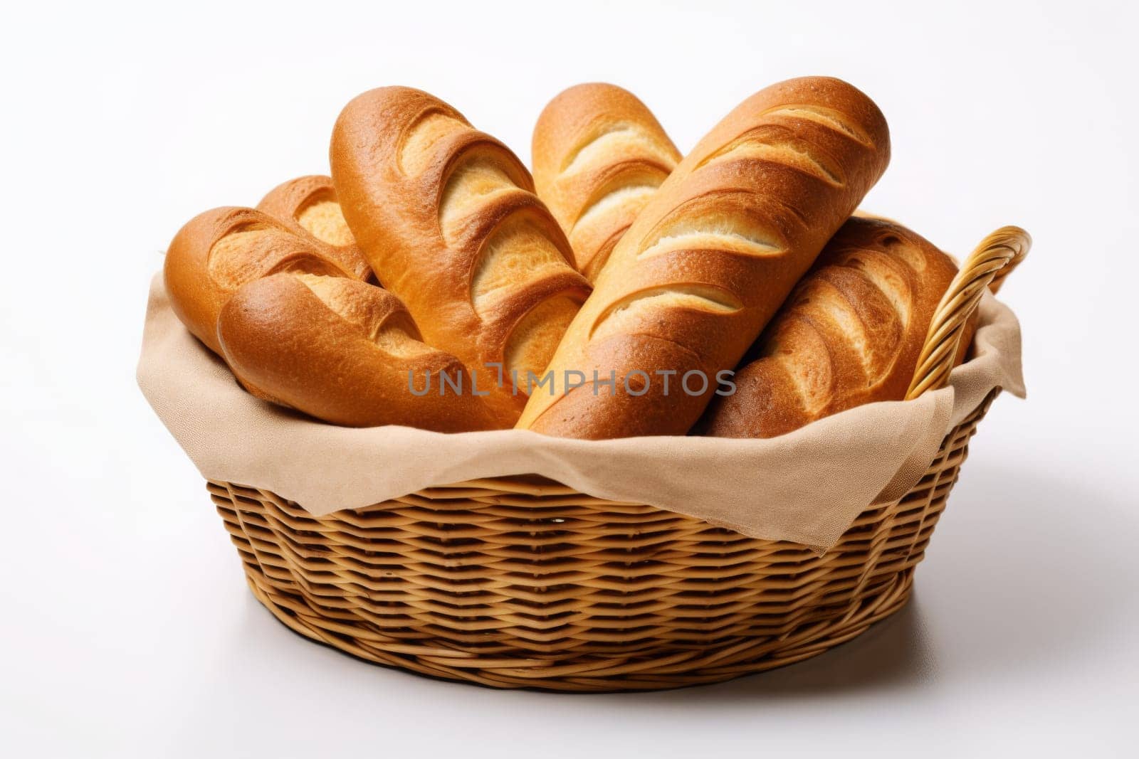 Bakery basket. Fresh, sweet bread in the basket. Generated AI by Oxdesign