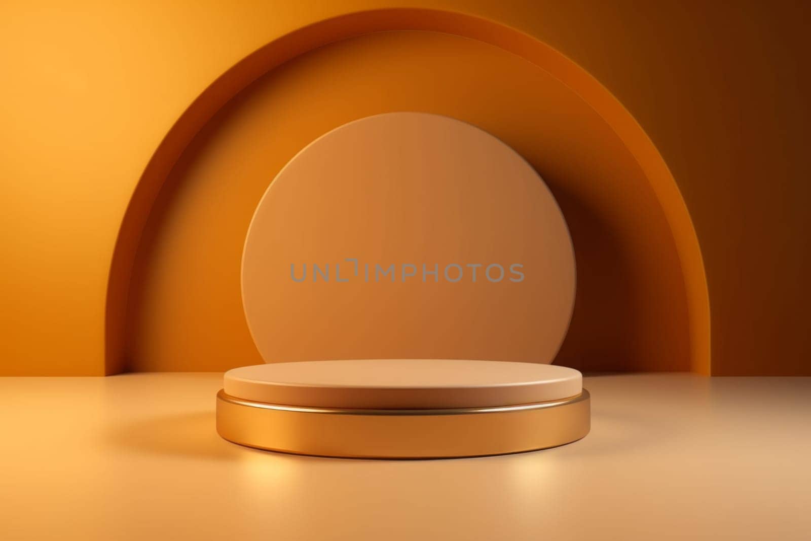 Realistic golden blank product podium scene isolated on gold background. Geometric metallic round shape for product branding. Generated AI by Oxdesign