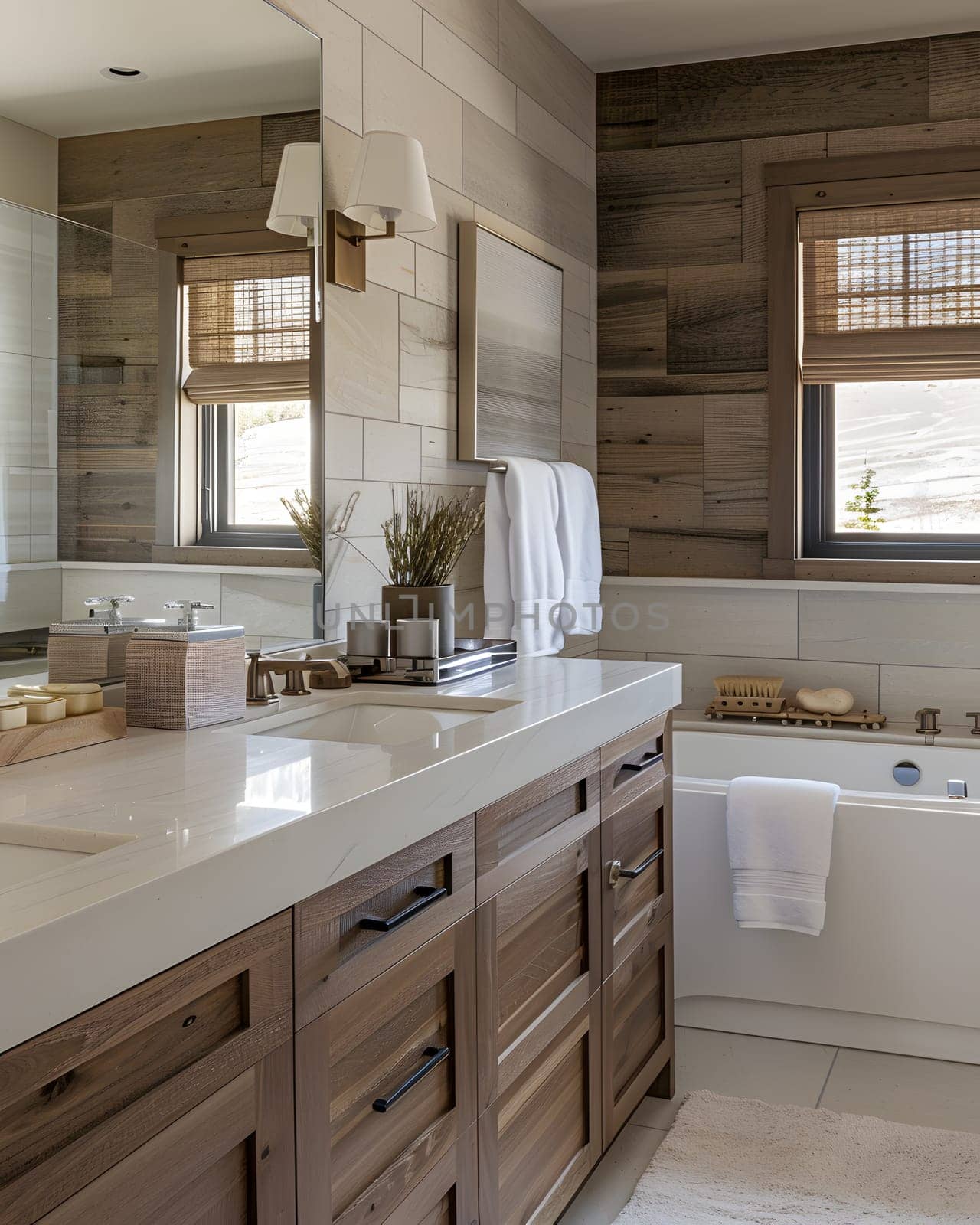 This property features a bathroom with a bathtub, two sinks, and cabinetry. The interior design includes a wood countertop, bathroom cabinets, and a window for natural light