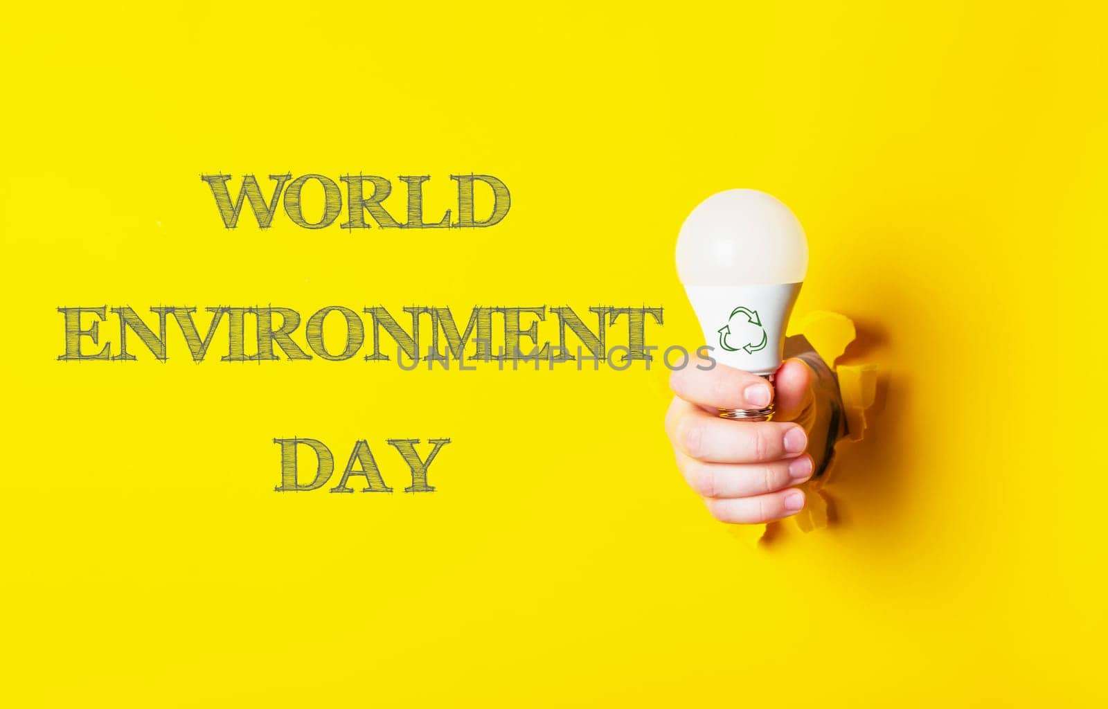 A person holding a light bulb with the words World Environment Day written in the background. Concept of hope and positivity for a better future for the environment