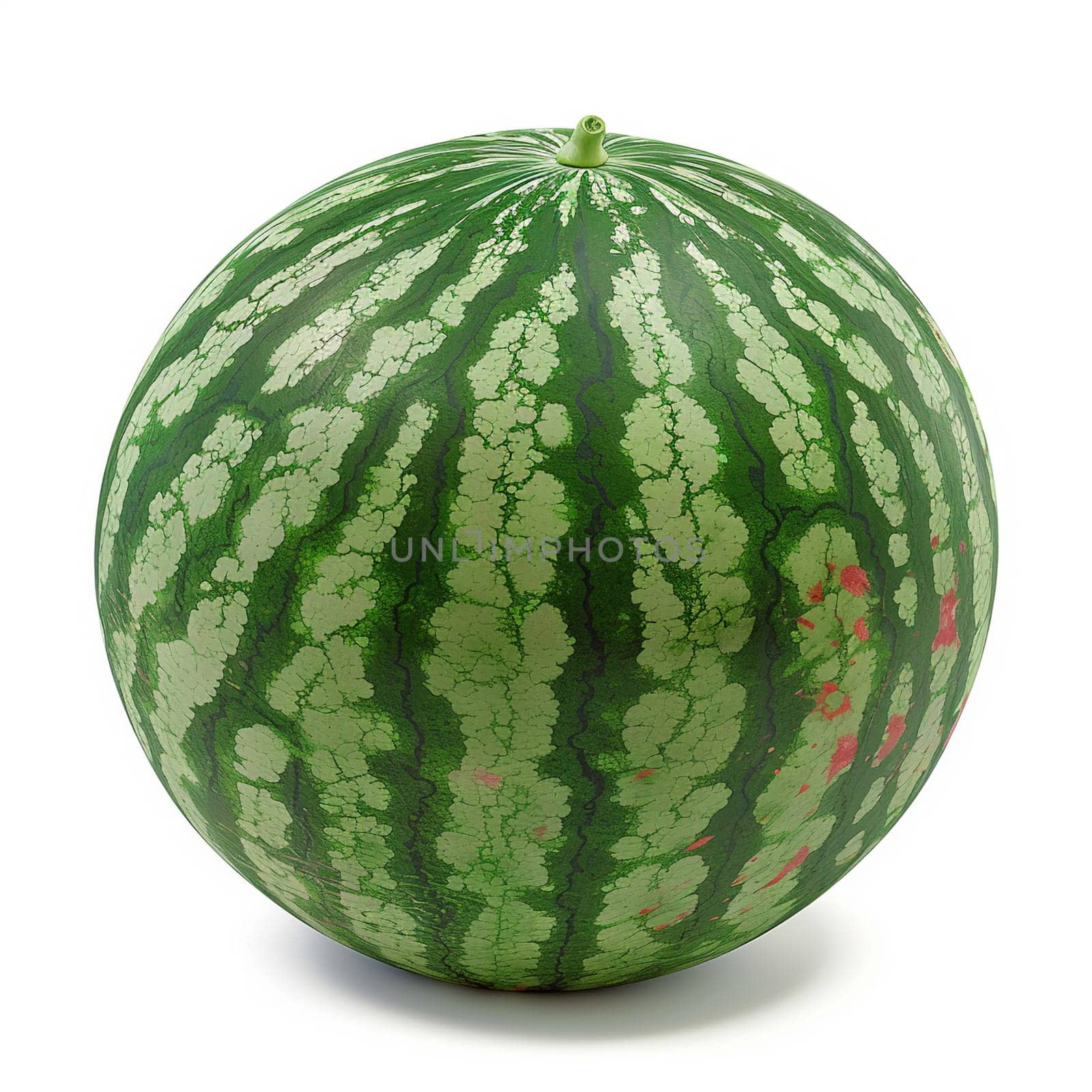 Ultra sharp image of a fresh whole watermelon, vibrant green skin with red accents, isolated on white background.