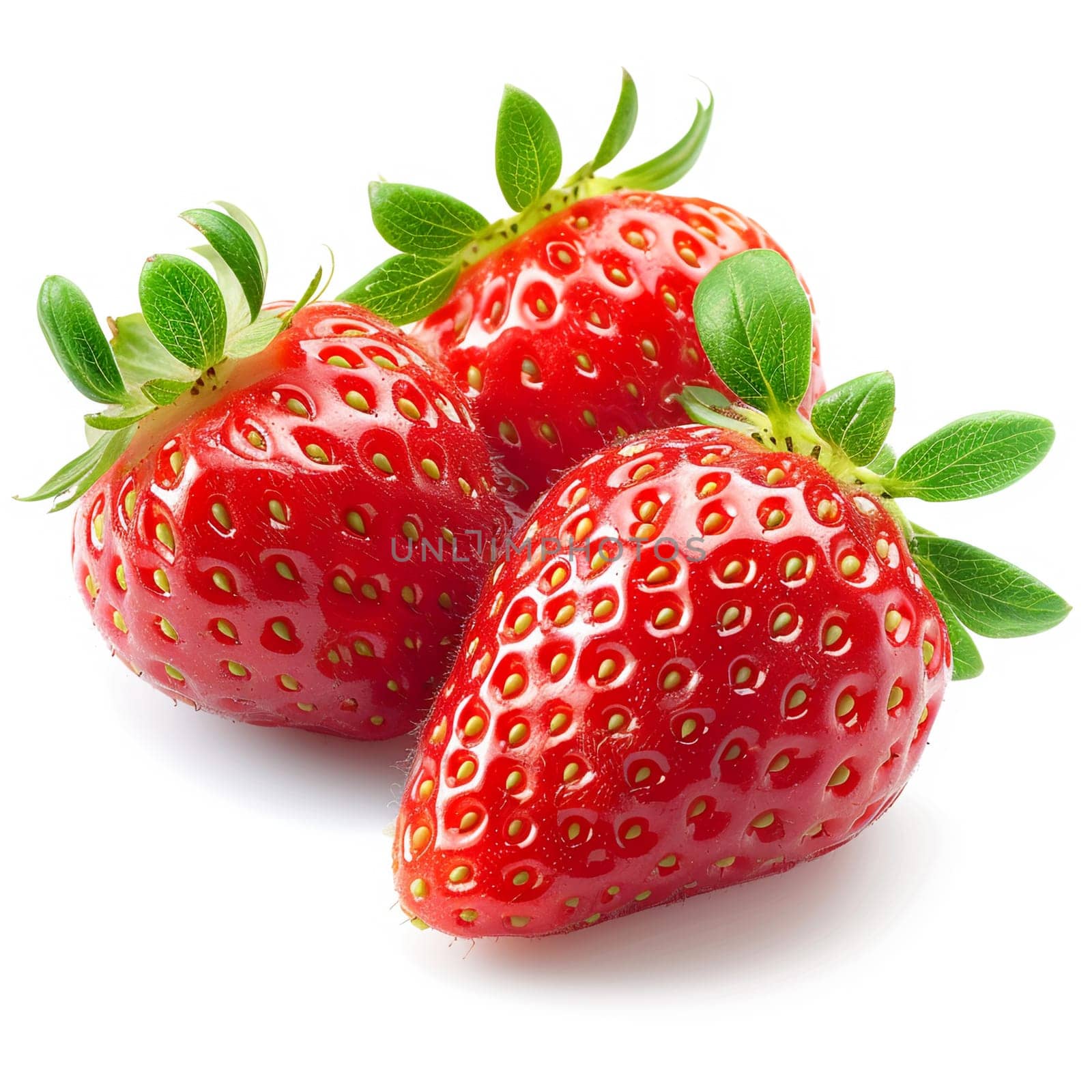 Close-up image of fresh, ripe strawberries with vibrant red color and green leaves, isolated on white background, perfect for food concepts.