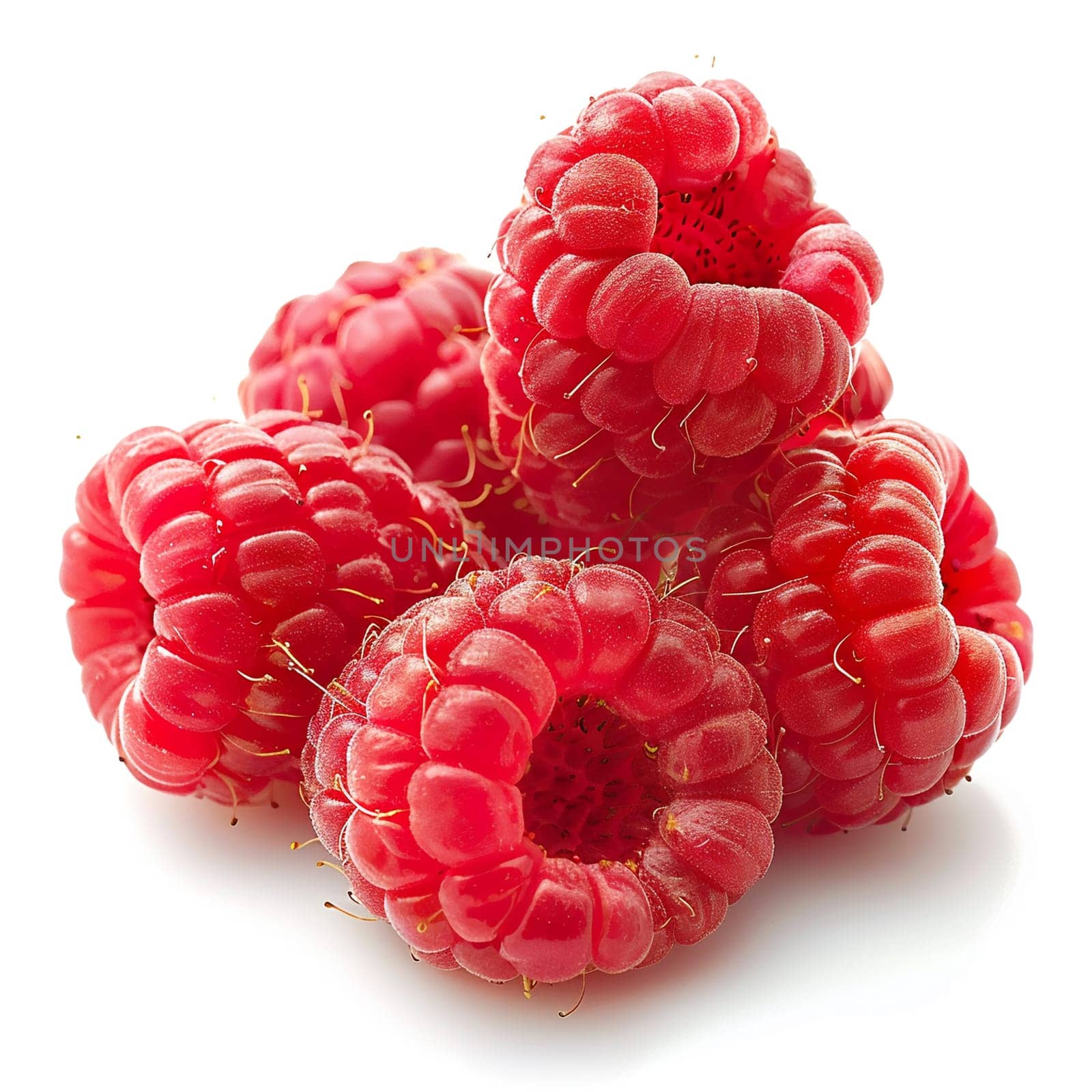 Close-up view of juicy fresh raspberries isolated on pure white background, showcasing natural texture and vibrant colors.