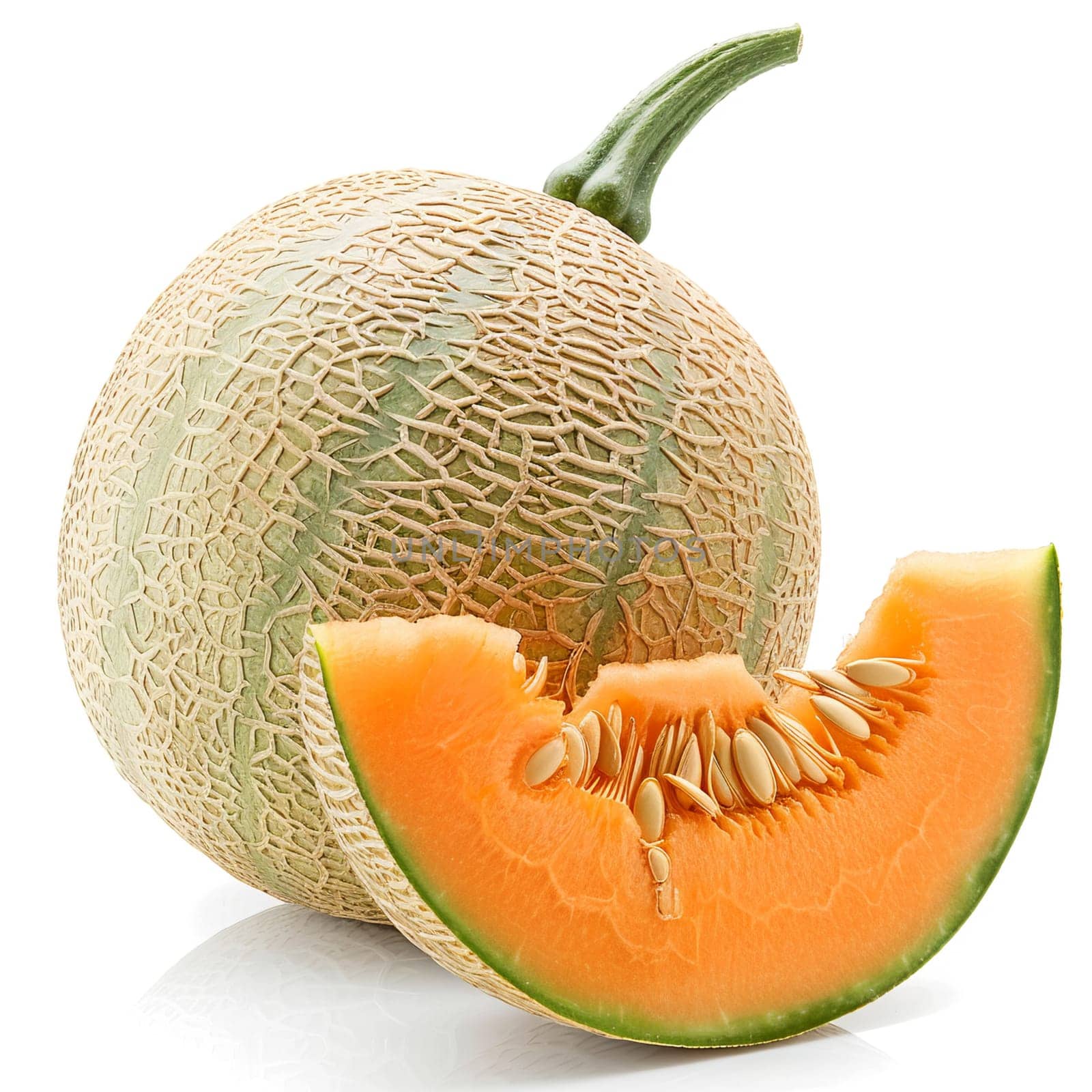 Ultra sharp photo of whole fresh melon and detailed slice isolated on white, with visible seeds.