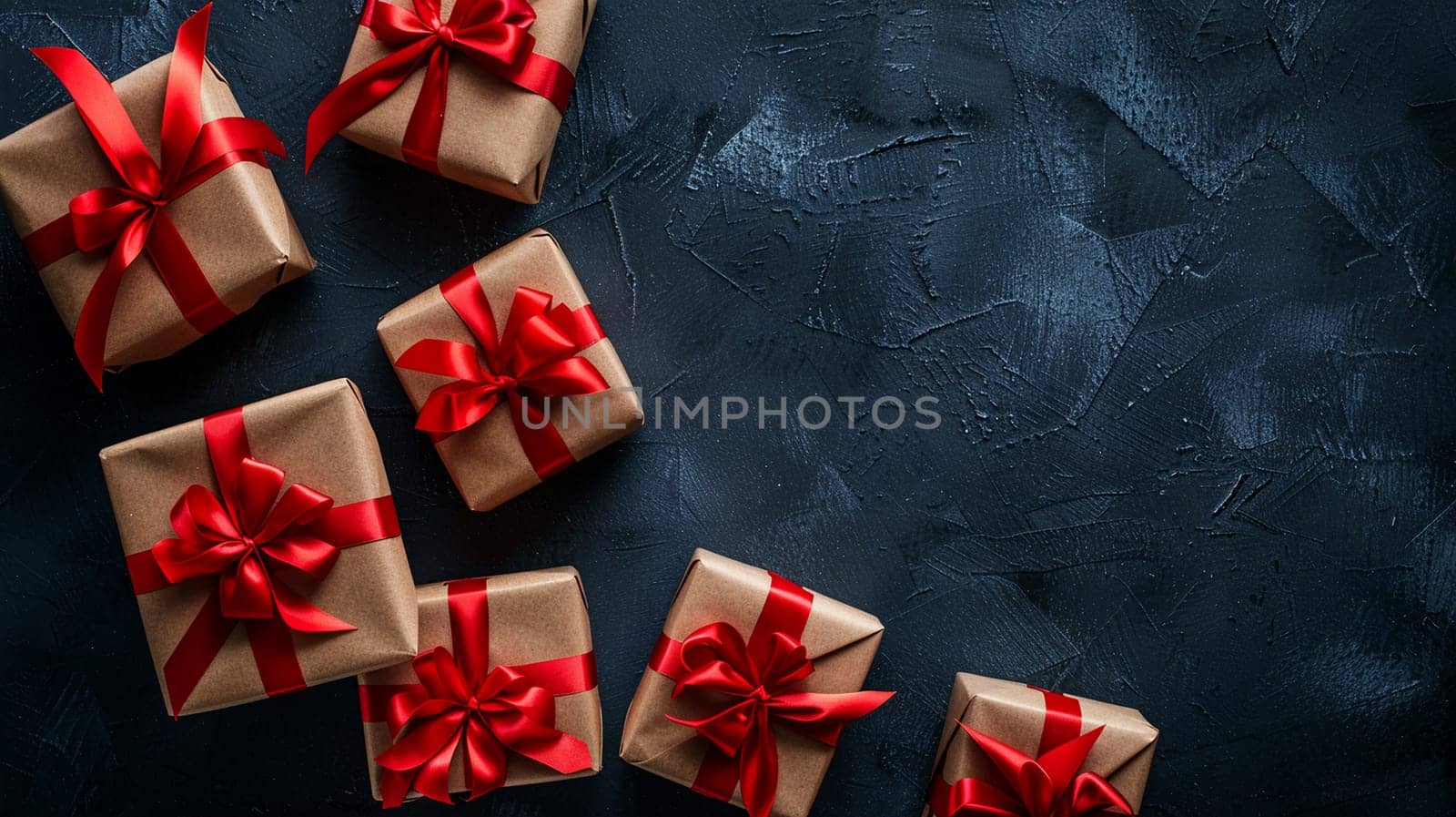 Top view of multiple brown gift boxes tied with vibrant red ribbons, arranged on a dark, textured surface, conveying luxury and celebration.