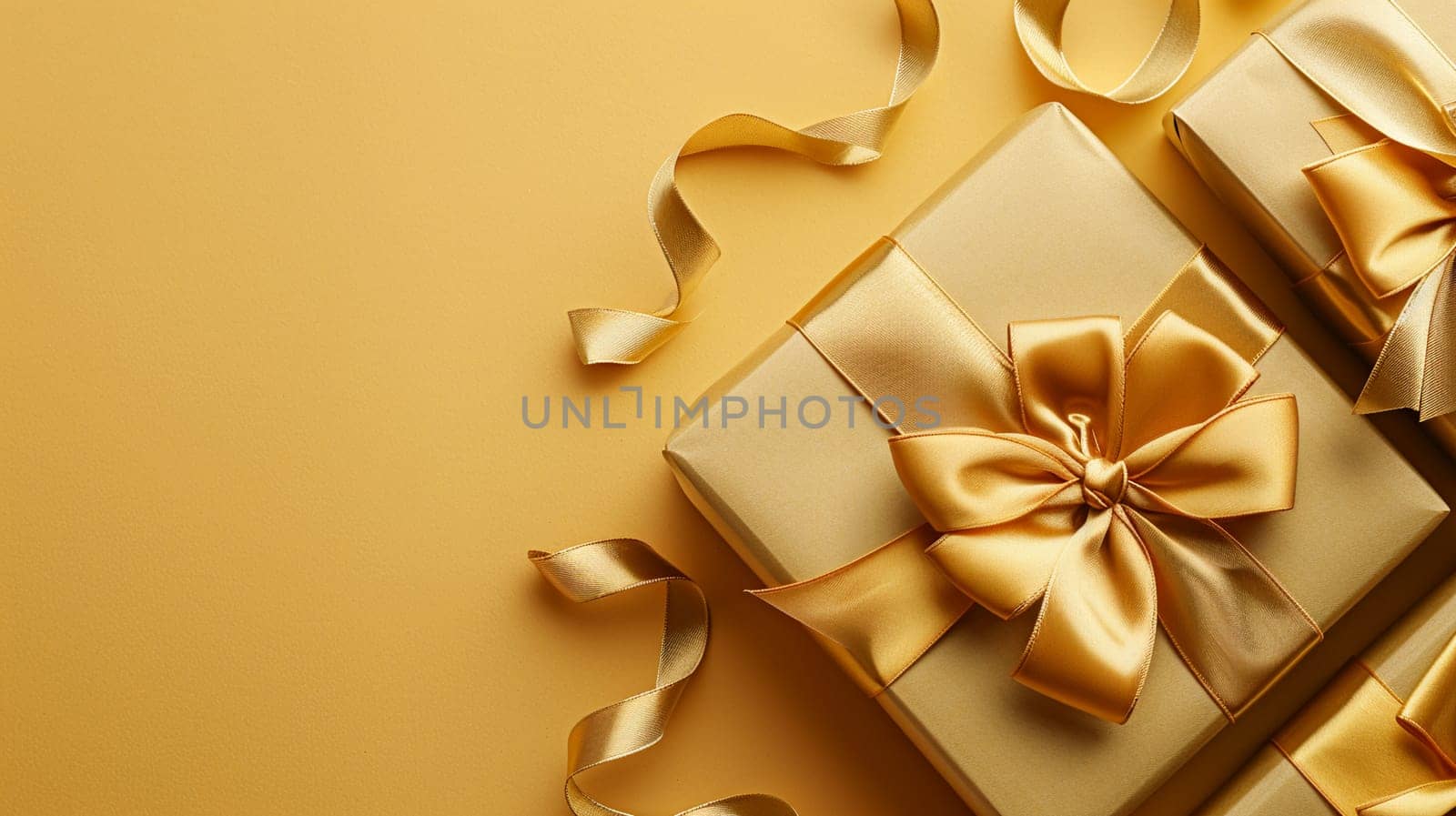Top view of elegant gift boxes wrapped with golden ribbons against a vibrant yellow background, conveying luxury and celebration.