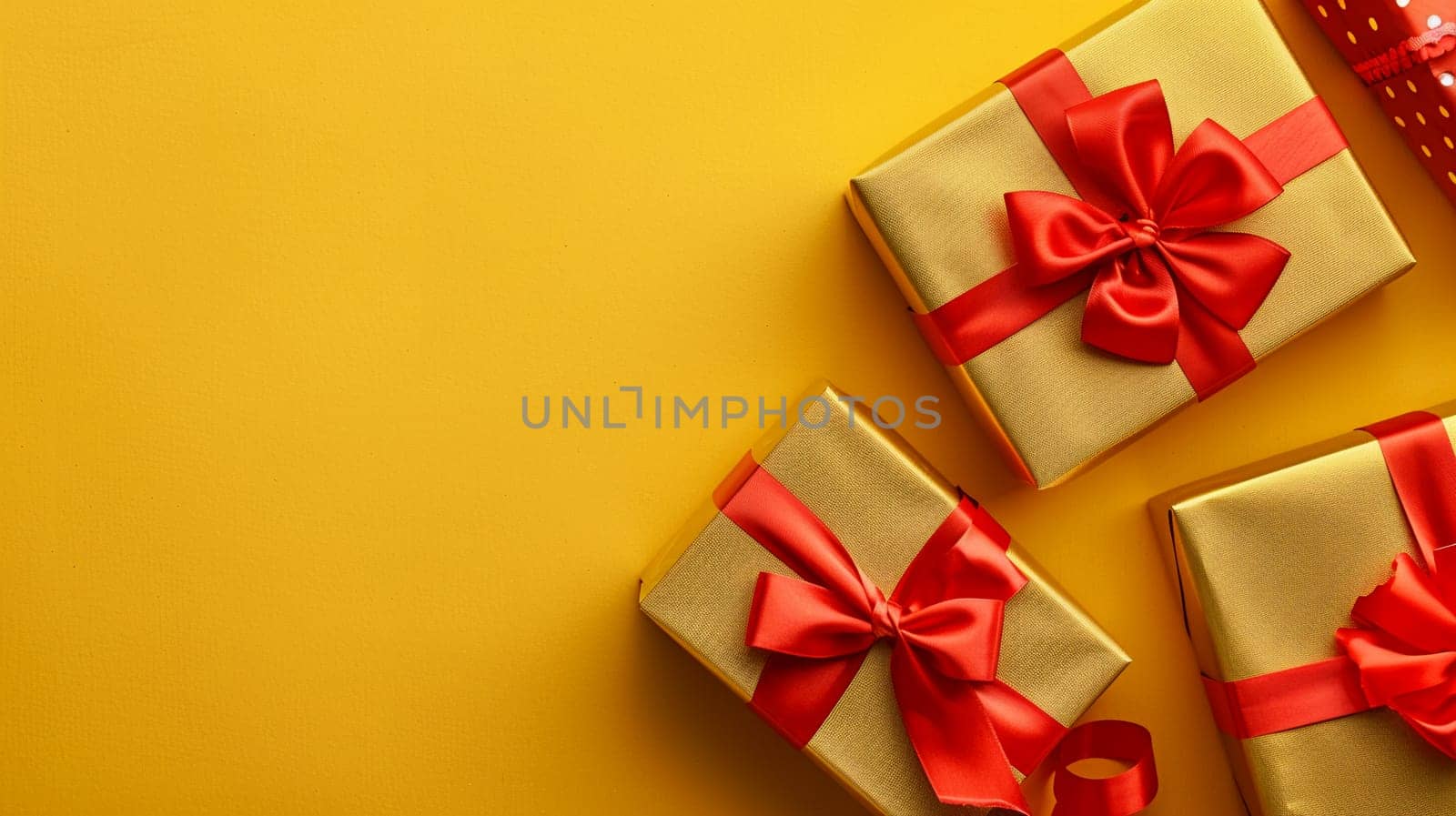 Vibrant top view of golden gift boxes tied with red ribbons, symbolizing celebration, surprise, and festive moments on bright yellow background.