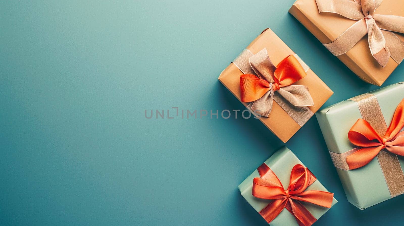 Top view of elegant gift boxes adorned with satin ribbons, beautifully arranged on a vibrant blue background, conveying celebration and generosity.
