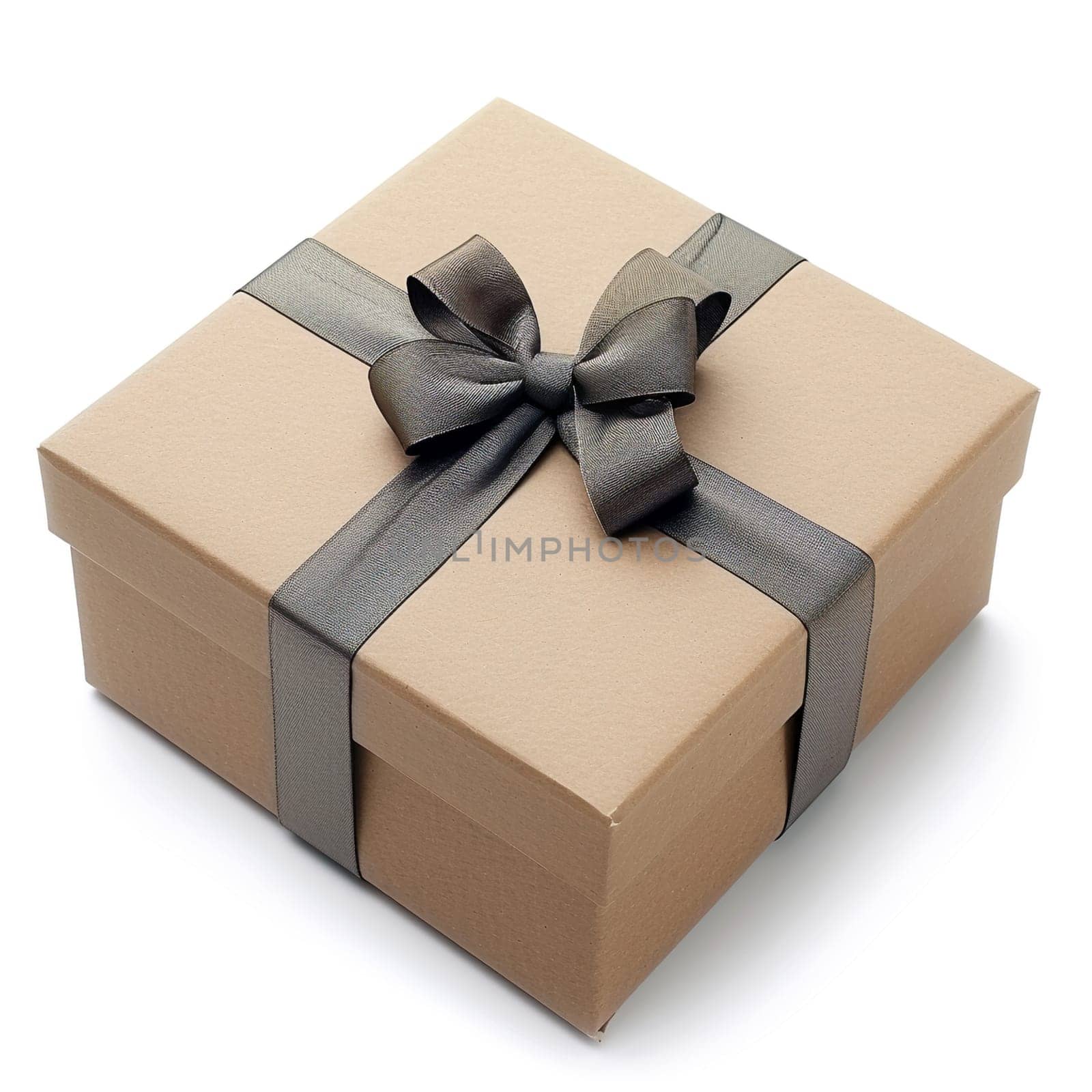 Close-up image of an elegant brown gift box with gray satin ribbon, ideal for holidays and special occasions, isolated on white with sharp focus.