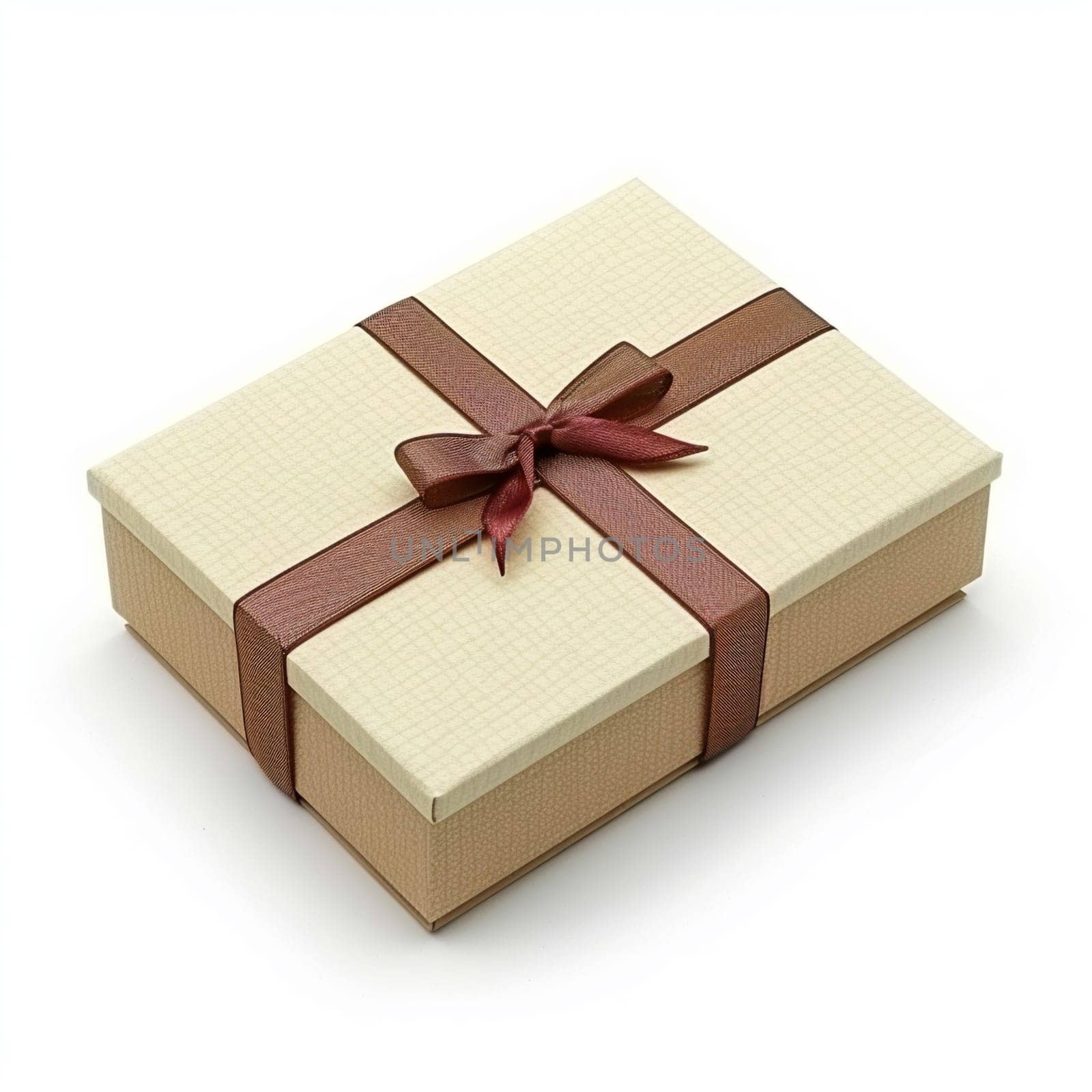 High-quality image of an elegant beige gift box with brown ribbon, perfect for occasions, isolated on white.