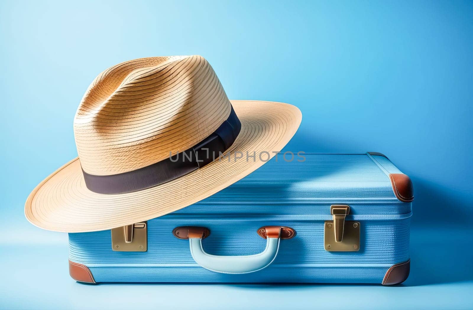 Blue retro suitcase and elegant straw hat on soft blue textured background in natural light, vacation concept.