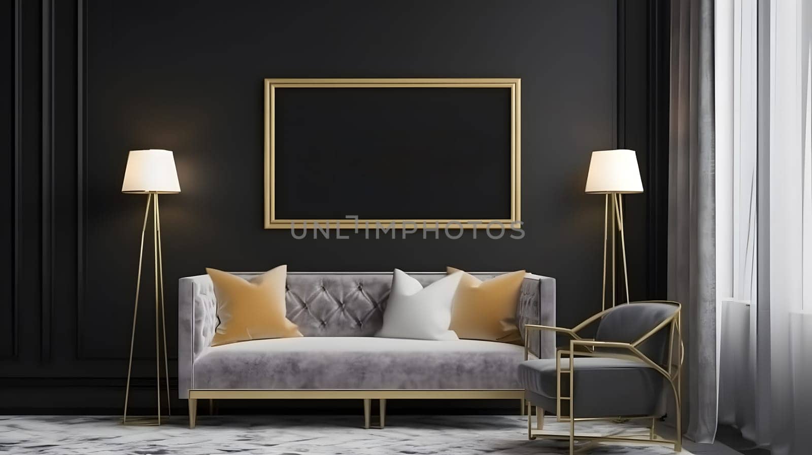 modern interior living room with mockup frame, generative ai by Chechotkin