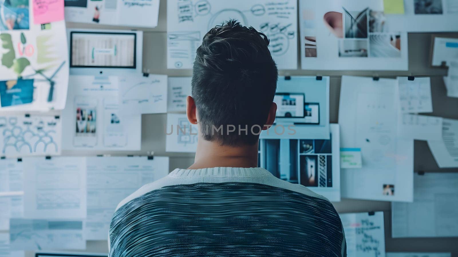 man overviewing a board with notes on the wall, generative ai. High quality photo
