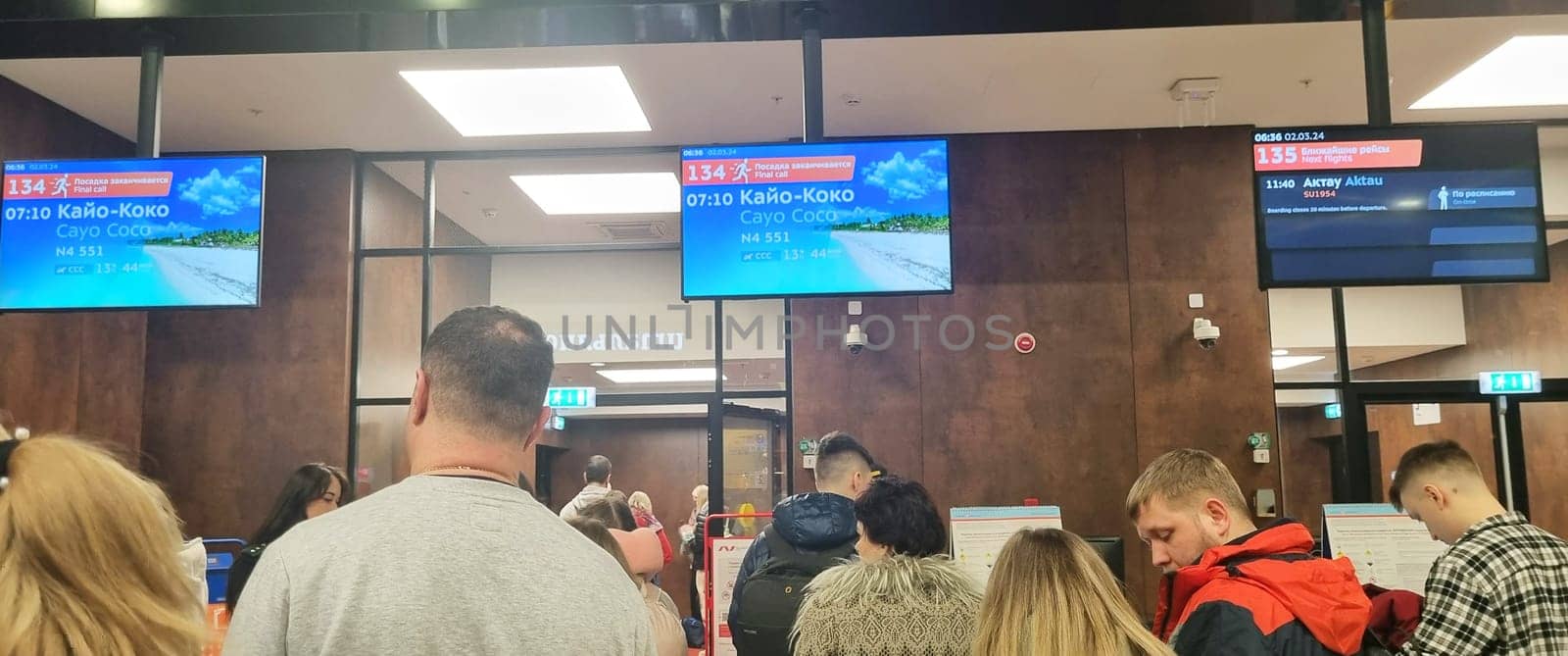 02.03.2024 - Moscow, Russia - Passengers gather at the boarding gates at Sheremetevo international airport