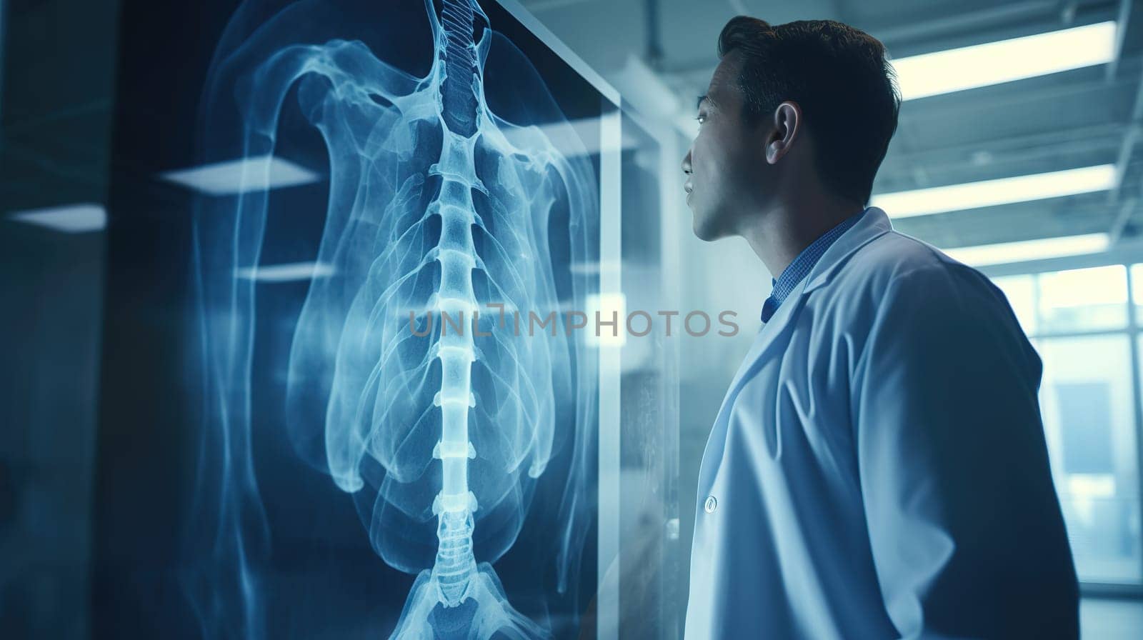 young Asian Doctor in white coat analyzes the diagnostic X-rays of humanoid individual,scientific interest in contact with extraterrestrial intelligence, mysterious anomalies, Generated AI
