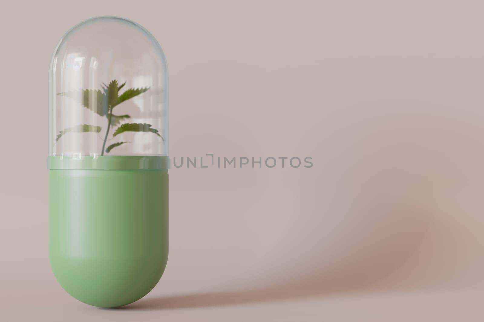Elegant homeopathy capsule with a plant inside, conveying natural and alternative medicine concepts, ideal for wellness and healthcare imagery. Homeopathic therapy. Copy space for text. 3D rendering