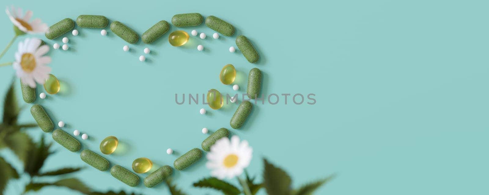 Herbal supplements and homeopathy pills artfully arranged in a heart shape with a daisy, symbolizing love for natural healthcare on blue backdrop. Homeopathic therapy. Copy space for text. Banner. 3D