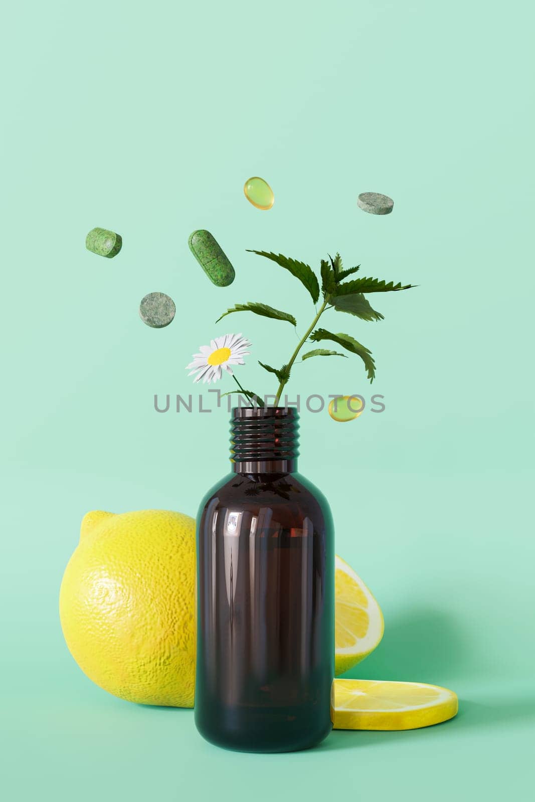 A dynamic composition with herbal pills and a plant sprouting from a bottle, illustrating the natural essence of homeopathic remedies. Copy space for text. Vertical format. Alternative medicine. 3D