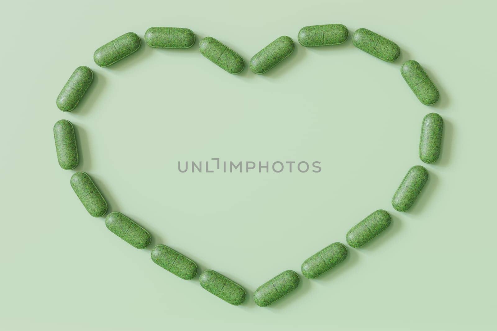 Herbal capsules forming a heart shape on a light green background, a creative display for wellness and natural supplement concepts. Homeopathy. Copy space for text. 3D render