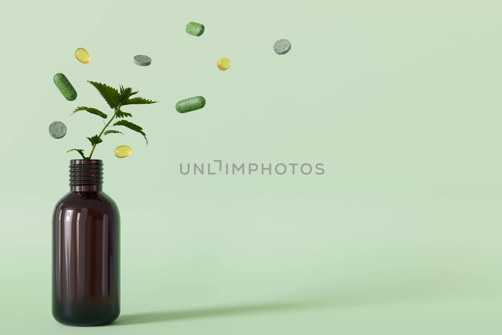 A dynamic composition with herbal pills and a plant sprouting from a bottle, illustrating the natural essence of homeopathic remedies. Copy space for text. Alternative medicine. 3D render. by creativebird