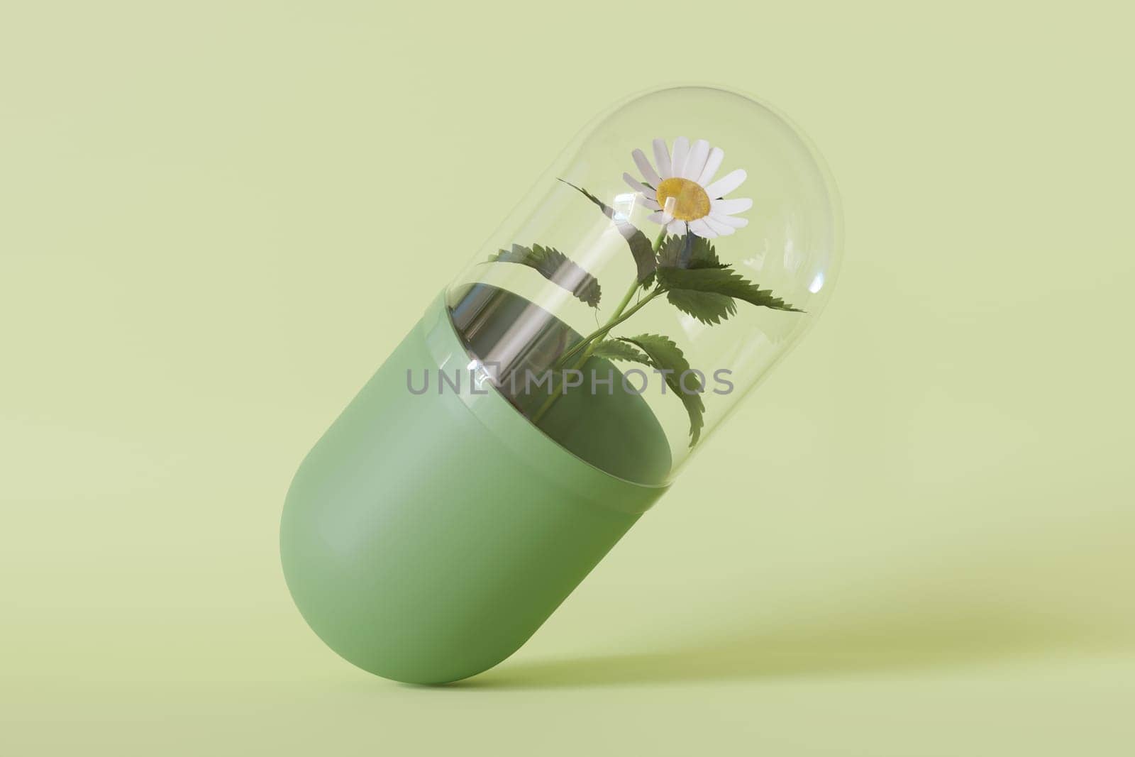 A modern homeopathy pill concept with a daisy encased, ideal for advertising natural treatments and eco-friendly medicine. Homeopathic therapy. 3D rendering. by creativebird