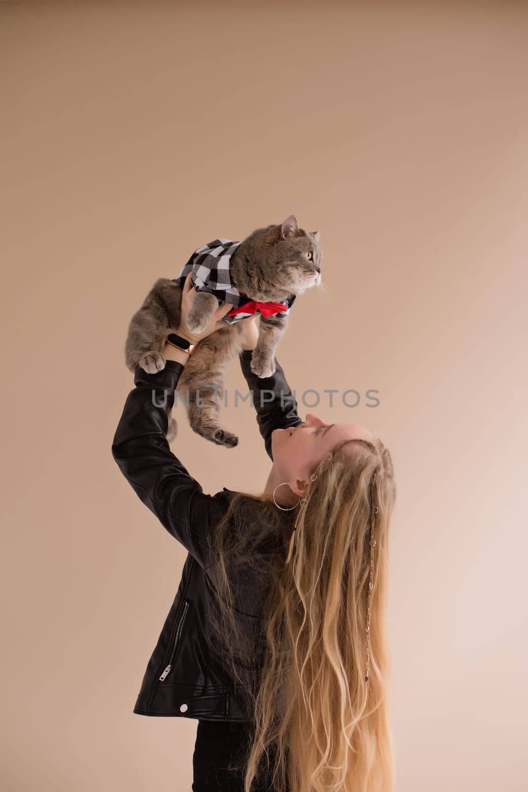 A woman natural blonde long hair smiling in a black clothes stand, sitting on photo studio. girl with pet scottish straight cat. portrait , vertical, close up