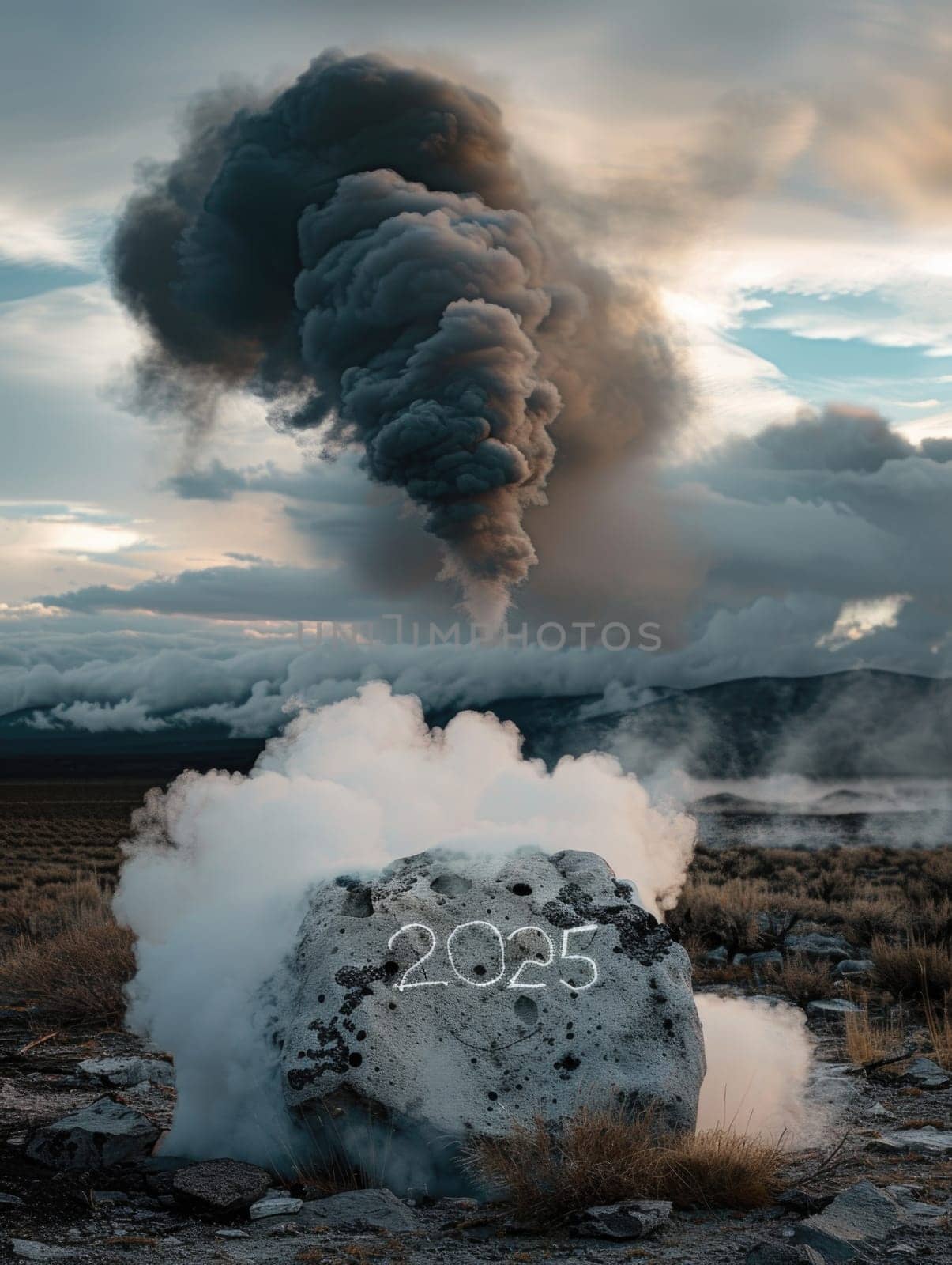 A large plume of smoke billows out from a massive rock, creating a striking visual contrast.