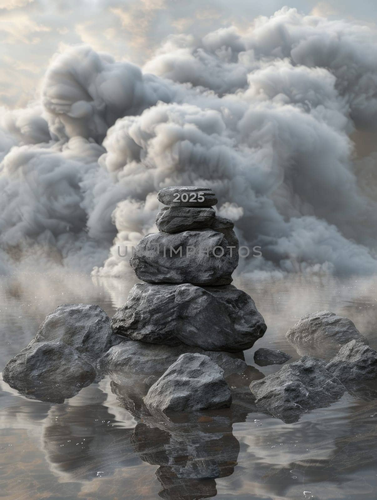 Stack of Rocks on Top of Water. Generative AI. by but_photo
