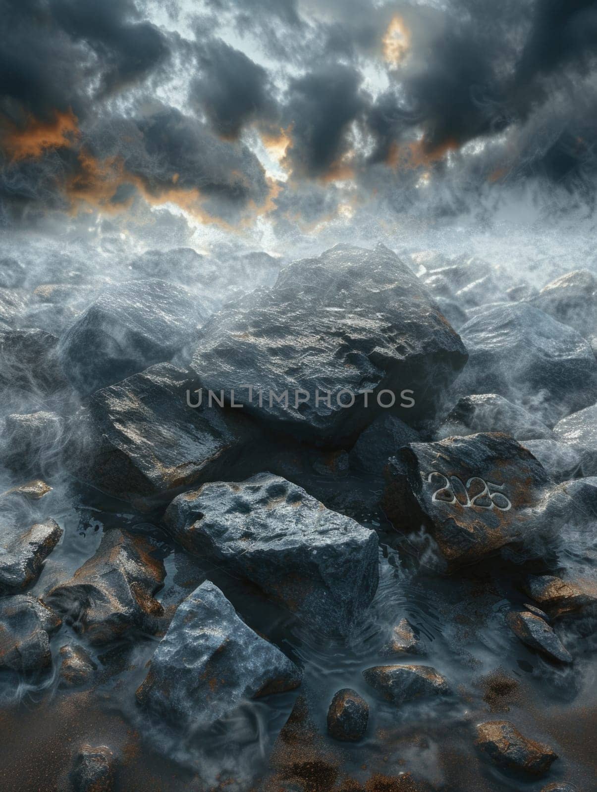 Rocks and Water Under a Cloudy Sky. Generative AI. by but_photo
