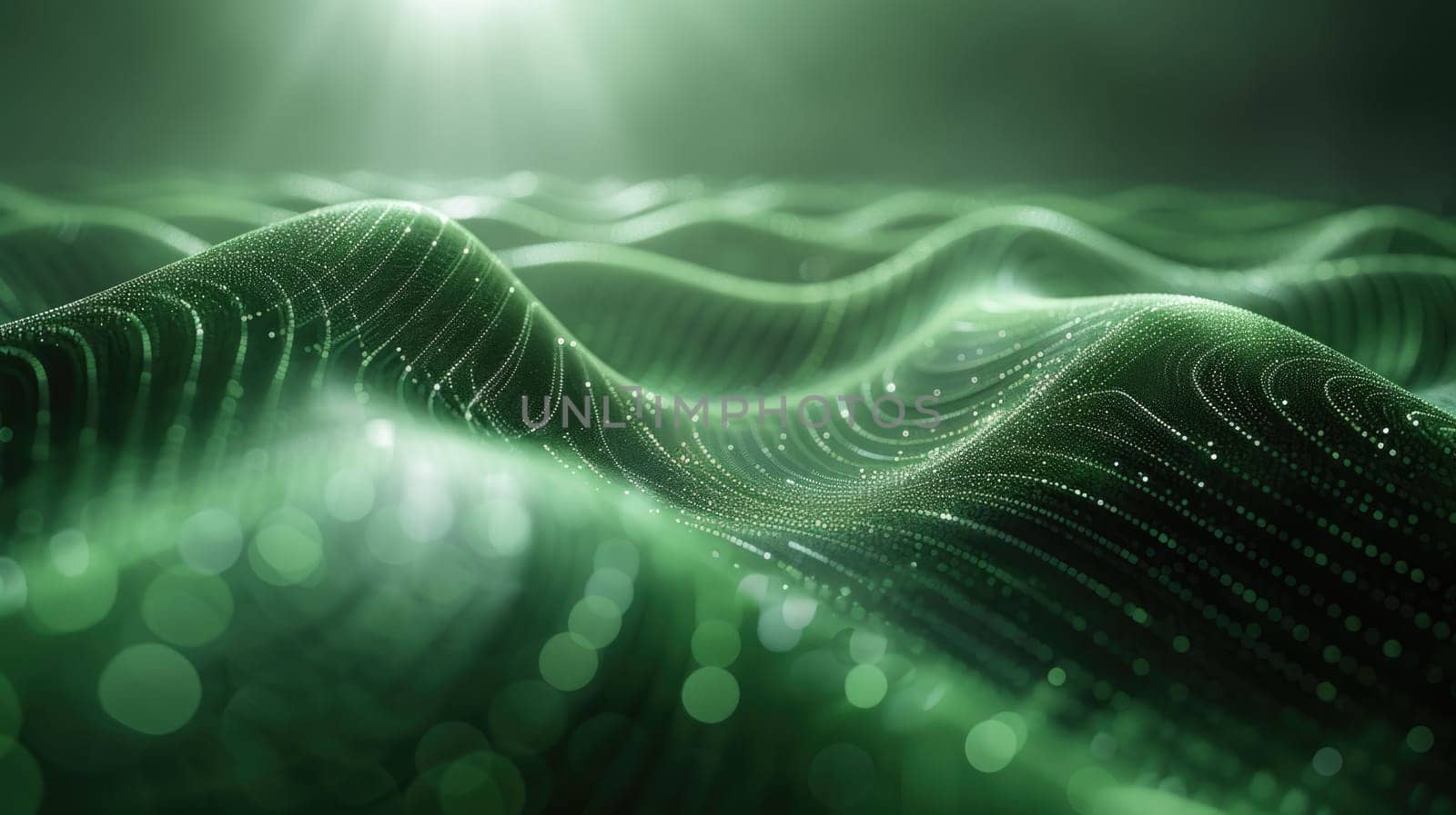 A computer-generated image showcasing a wave in vivid green, capturing the dynamic and abstract nature of the subject.