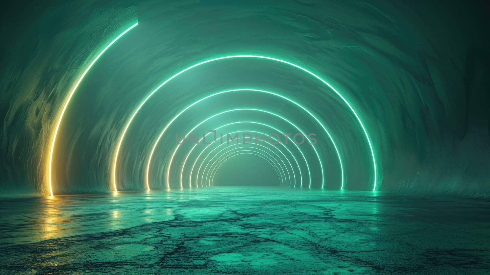 A long tunnel illuminated by neon lights, creating a vibrant and dynamic visual experience.