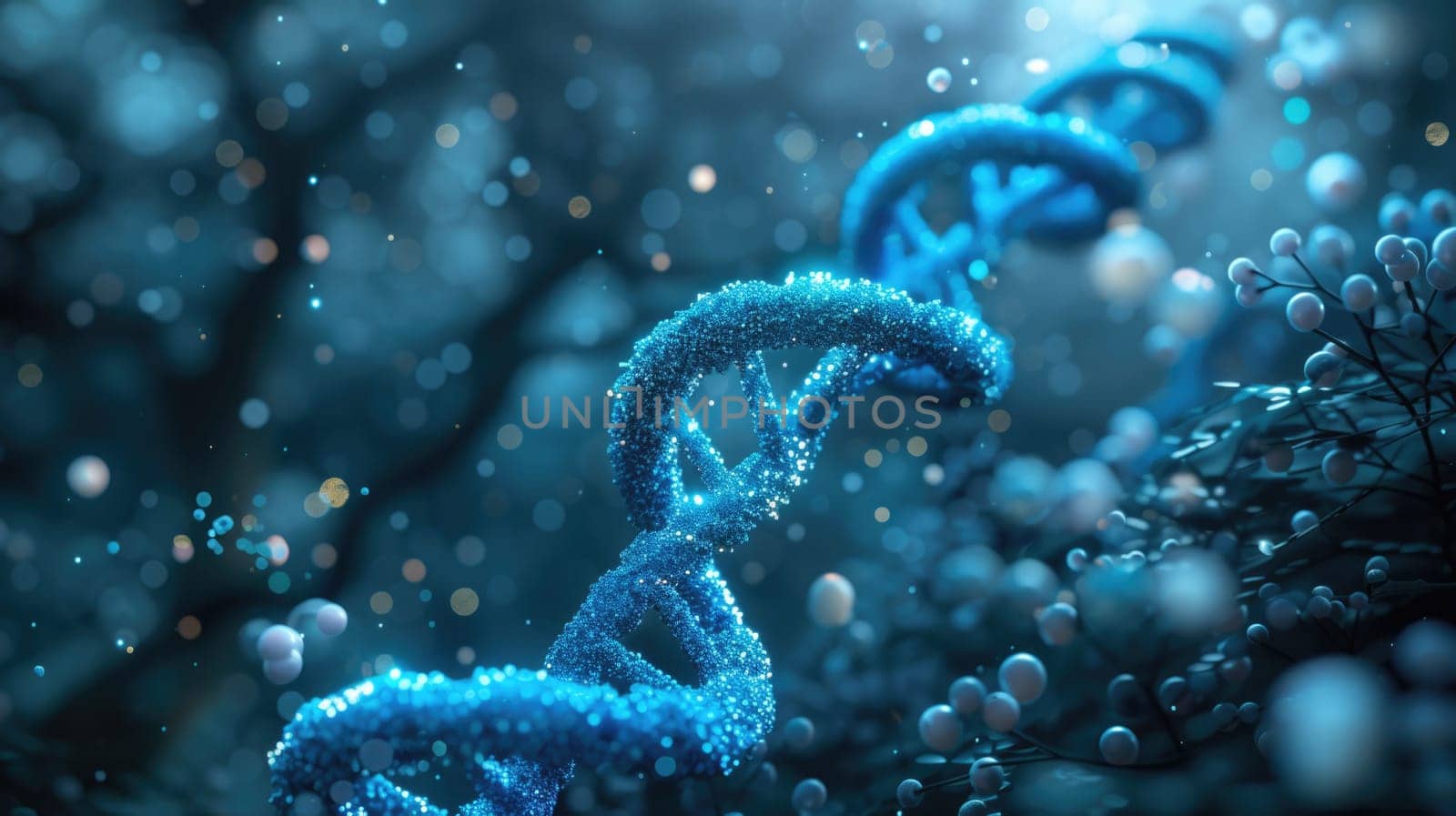 A detailed shot capturing the intricate molecular structure of a blue substance with bubbles, providing a visual representation of the formation of DNA.