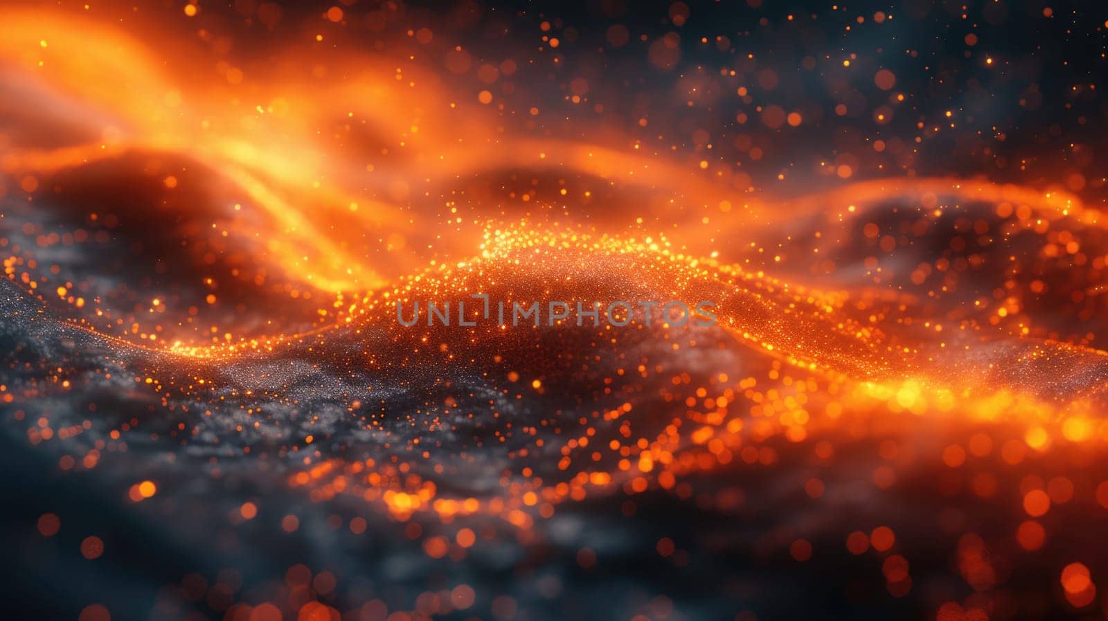An abstract image featuring a vibrant orange and black background with out-of-focus lights creating a blurred effect.