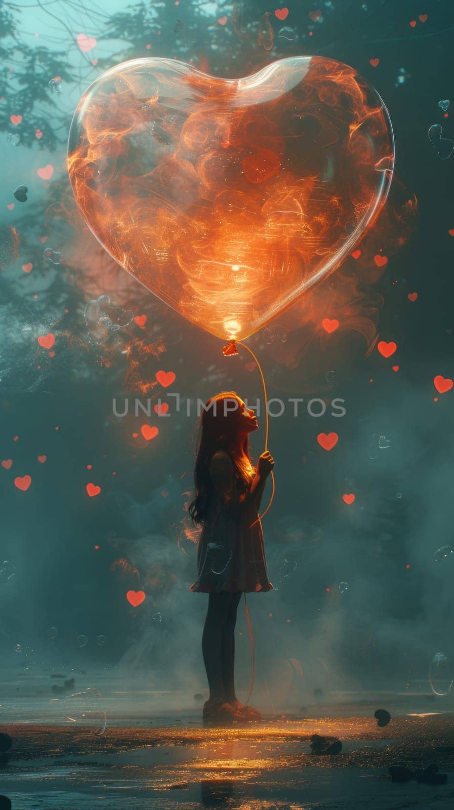 A girl joyfully holds a heart-shaped balloon high above her head.
