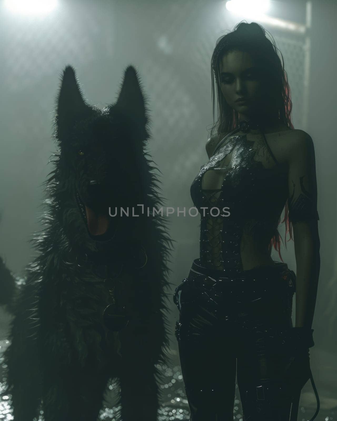 Woman Standing Next to a Dog in a Dark Room. Generative AI. by but_photo