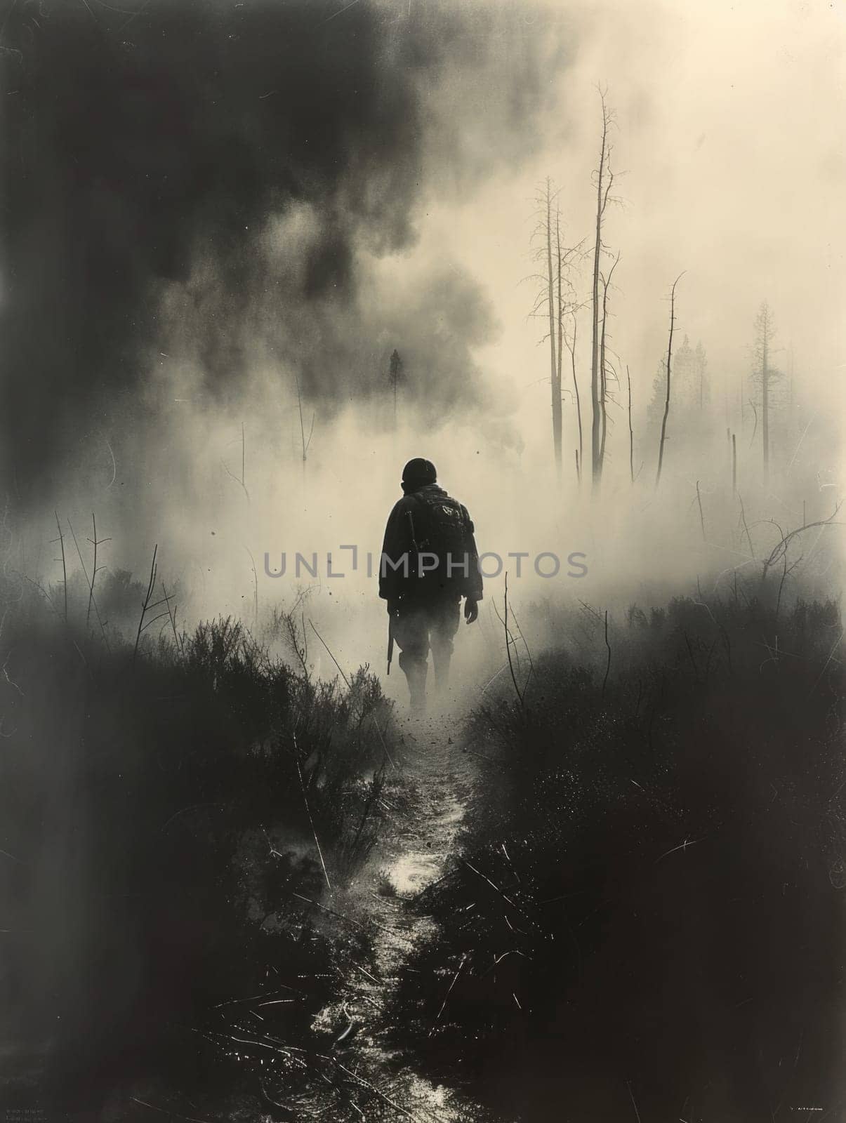 A person is seen walking through a foggy environment in this black and white photograph.