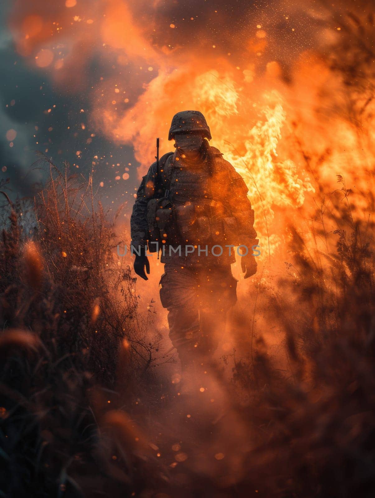A man confidently walks through a field as a fire burns fiercely in the background.