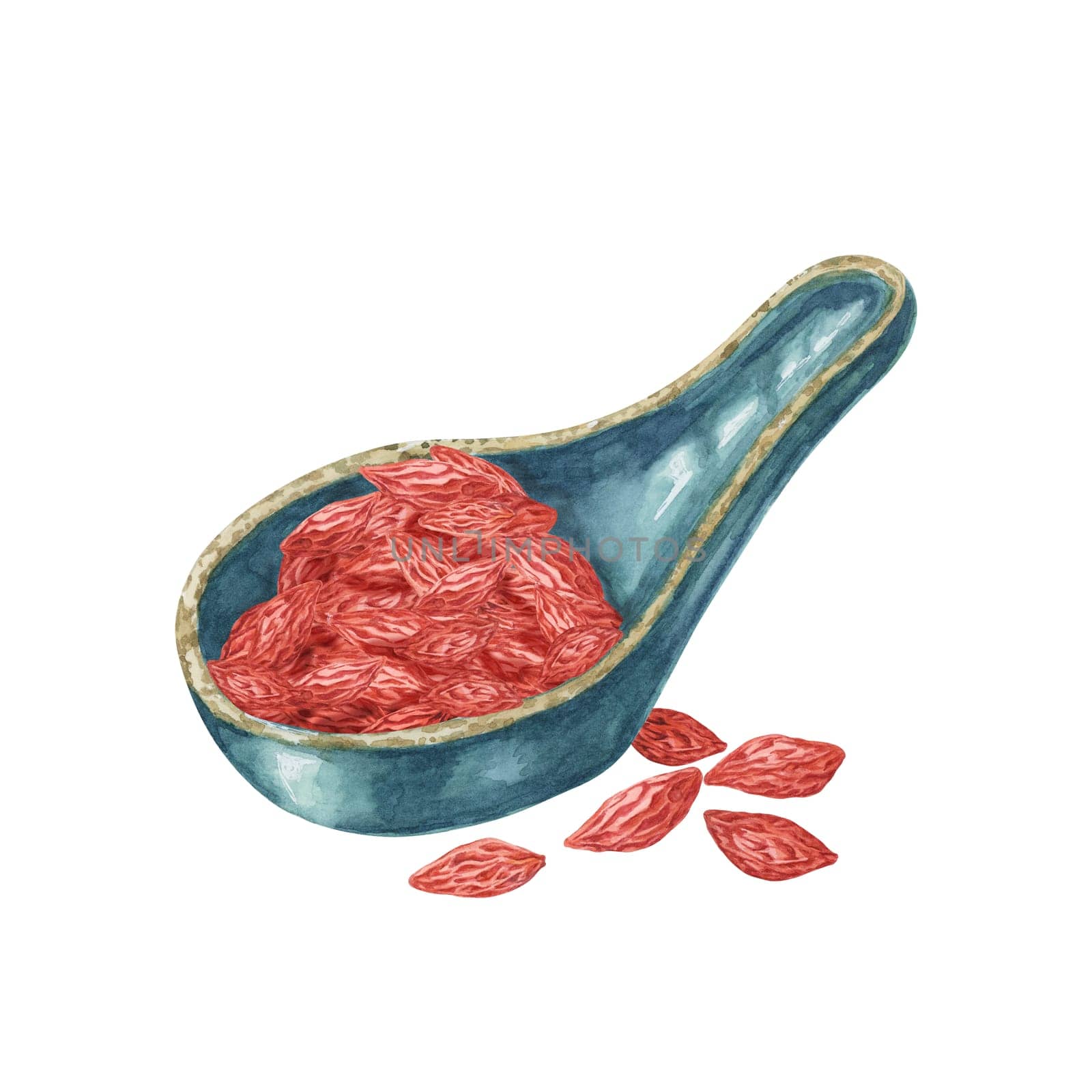 Dry goji in blue ceramic spoon by Fofito