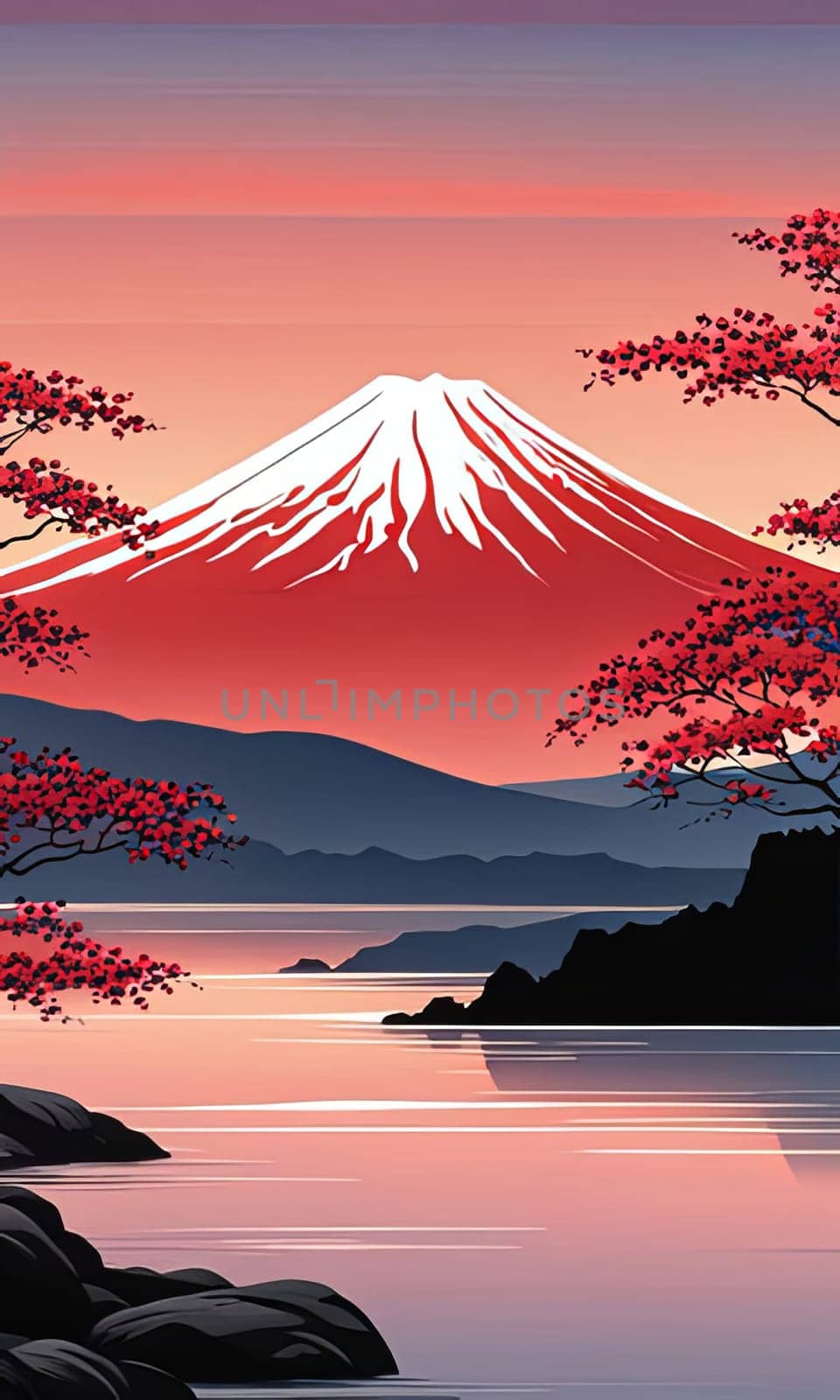 Mount Fuji at sunset, capturing majestic silhouette of mountain against vibrant, colorful sky as sun dips below horizon, creating tranquil scene. For art, creative projects, fashion, style, magazines