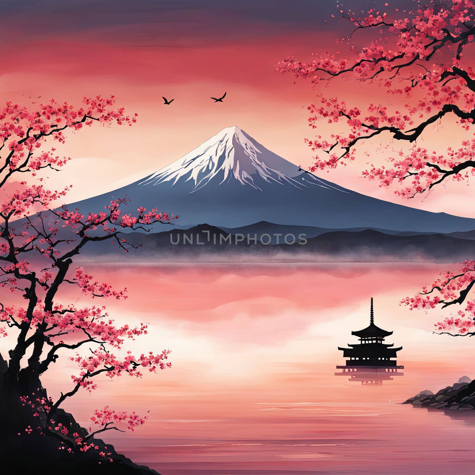 Serene Japanese landscape with mountain, cherry blossom tree. Cherry blossoms are in full bloom, creating beautiful, peaceful atmosphere. For interior, commercial spaces to create stylish atmosphere. by Angelsmoon