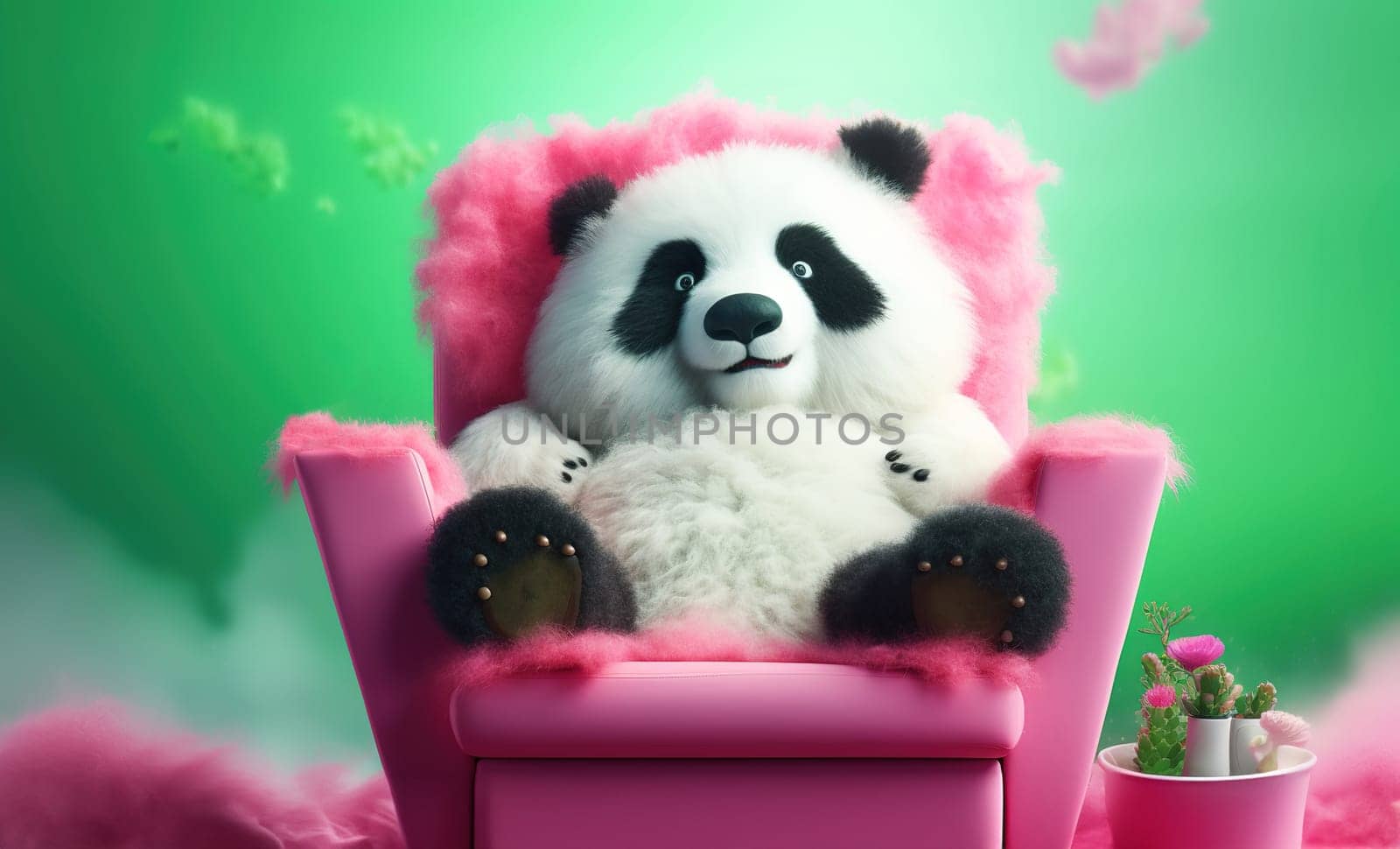 Cheerful plush cute panda resting in a woolen pink chair on a green cloudy background with potted cacti in fairy forest by KaterinaDalemans