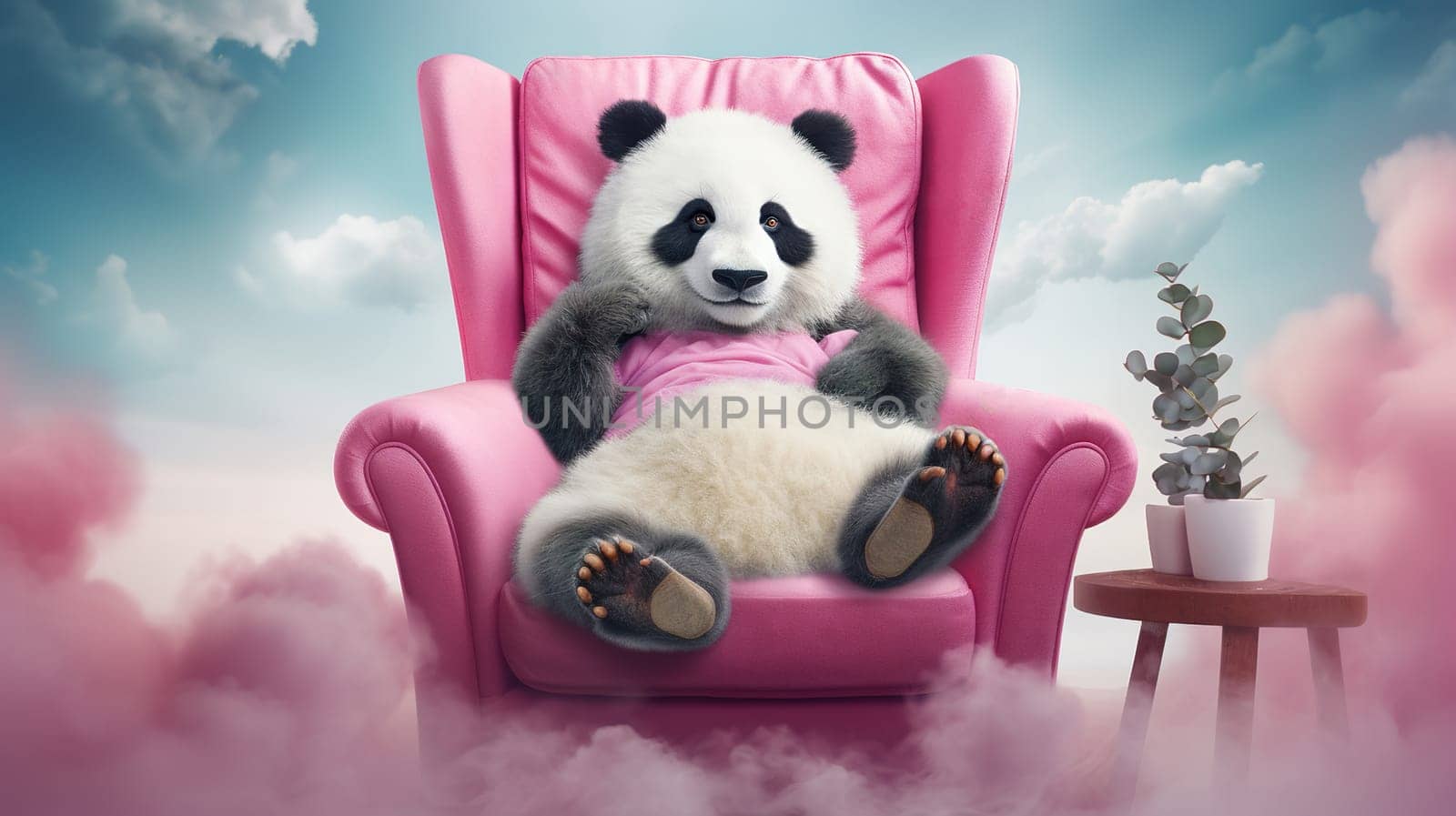 cheerful fluffy cute panda is dreaming in a pink leather chair against a blue sky with cotton candy clouds, on the table there is a pot of eucalyptus, bright colors,Generated AI