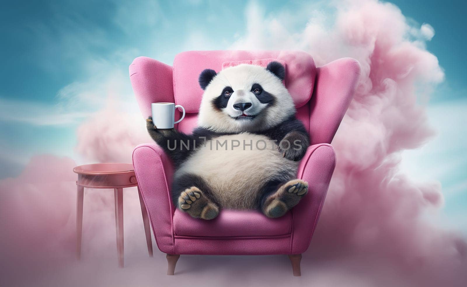 cheerful fluffy cute panda dreams in pink chair against blue sky with cotton candy clouds and drinks hot chocolate by KaterinaDalemans