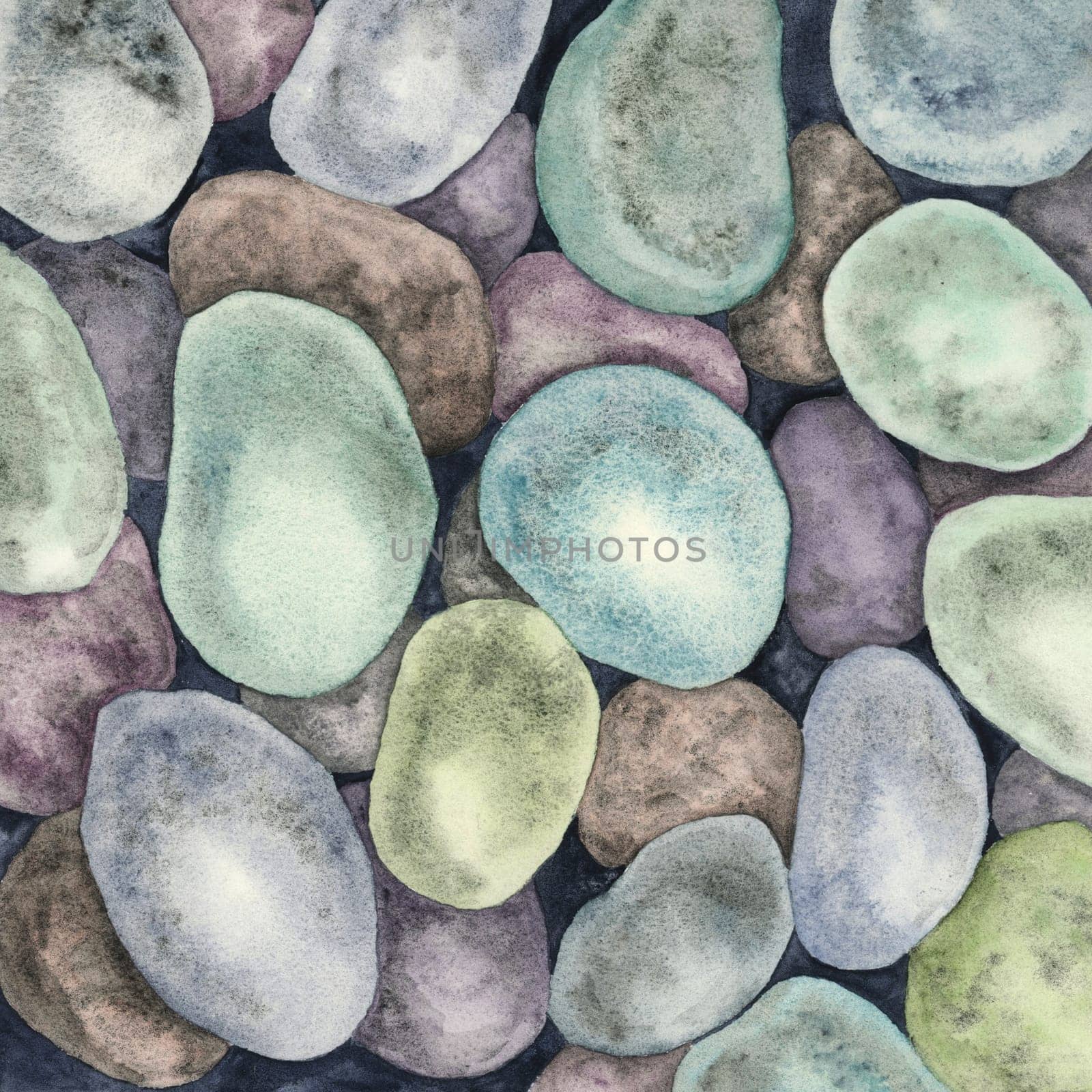 Pebbles in watercolor. Illustration multicolored underwater rocks, undersea ornament for wallpaper, printing, backgrounds. Colorful gravel artwork