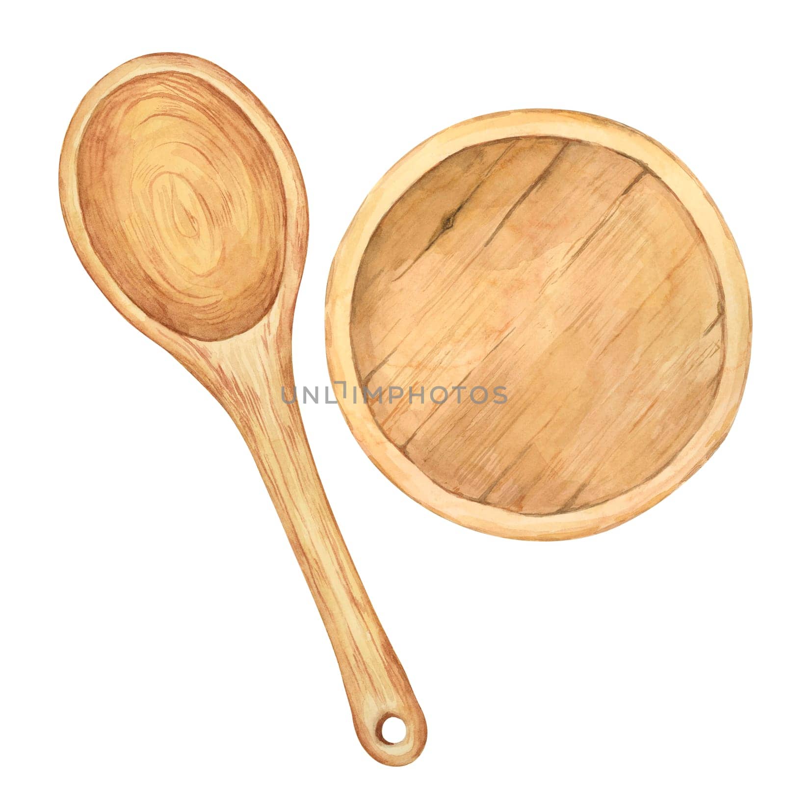 Wooden spoon and plate in watercolor by Fofito