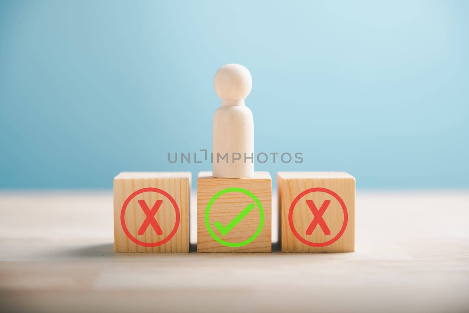 People stand on wooden block indicating right and wrong contemplating yes or no. True and false symbols depict business choices. Decision-making concept on wood. Think With Yes Or No Choice.