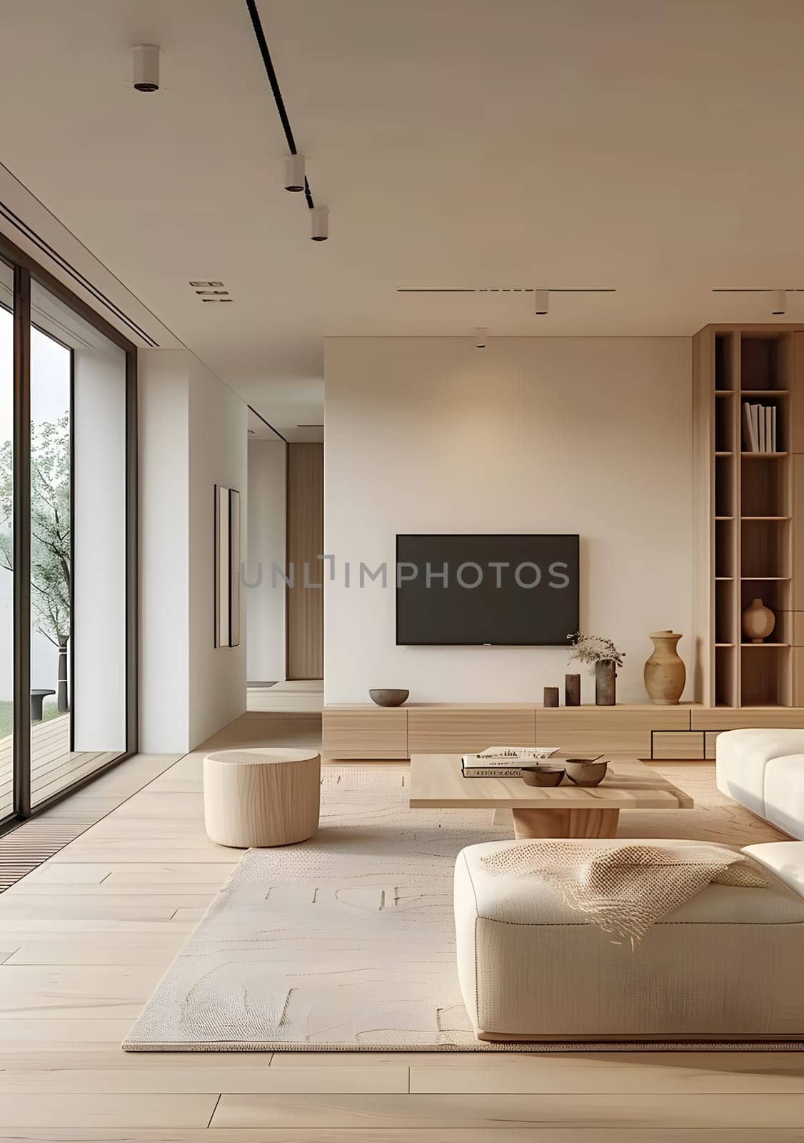 A cozy living room with a wooden coffee table, comfortable couch, and wallmounted television. The room features builtin cabinetry and large windows for natural light