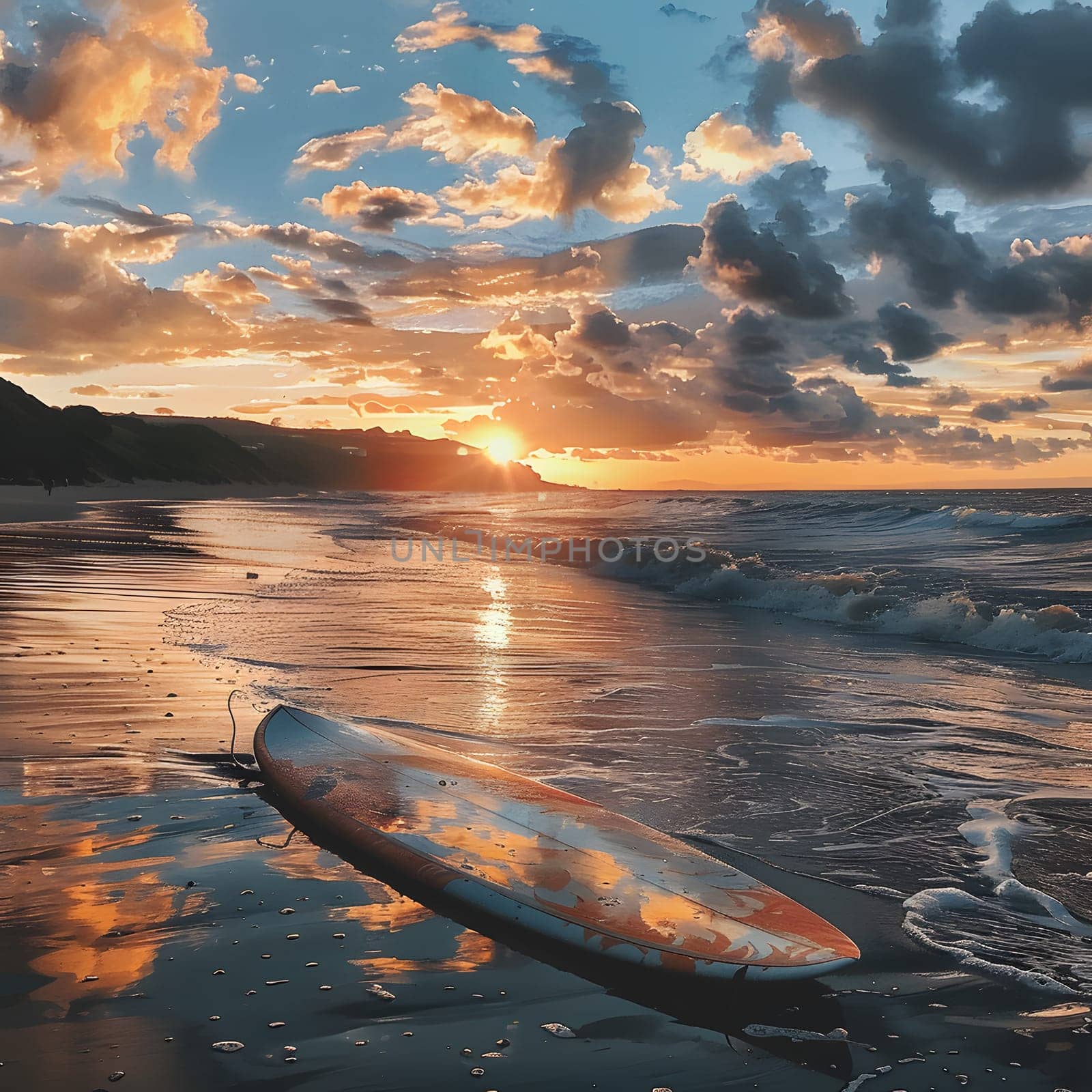 A surfboard rests on the sandy beach as the sun sets, casting a warm afterglow over the natural landscape. The sky is painted with hues of orange and pink, reflecting off the calm water