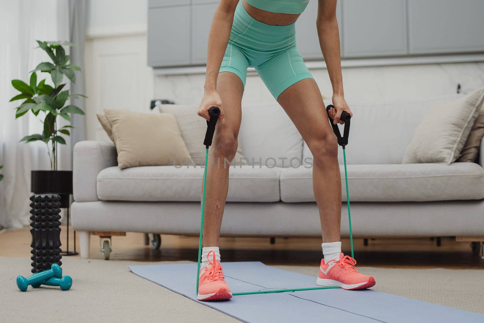 Training to become the best. Beautiful young woman in sports clothing exercising at home.