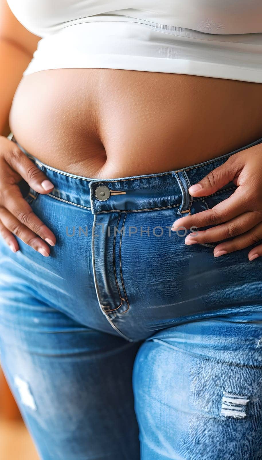 A tight shot of a womans denim jeans wrapped around her waist and thighs, with her hand resting on her abdomen in a relaxed gesture